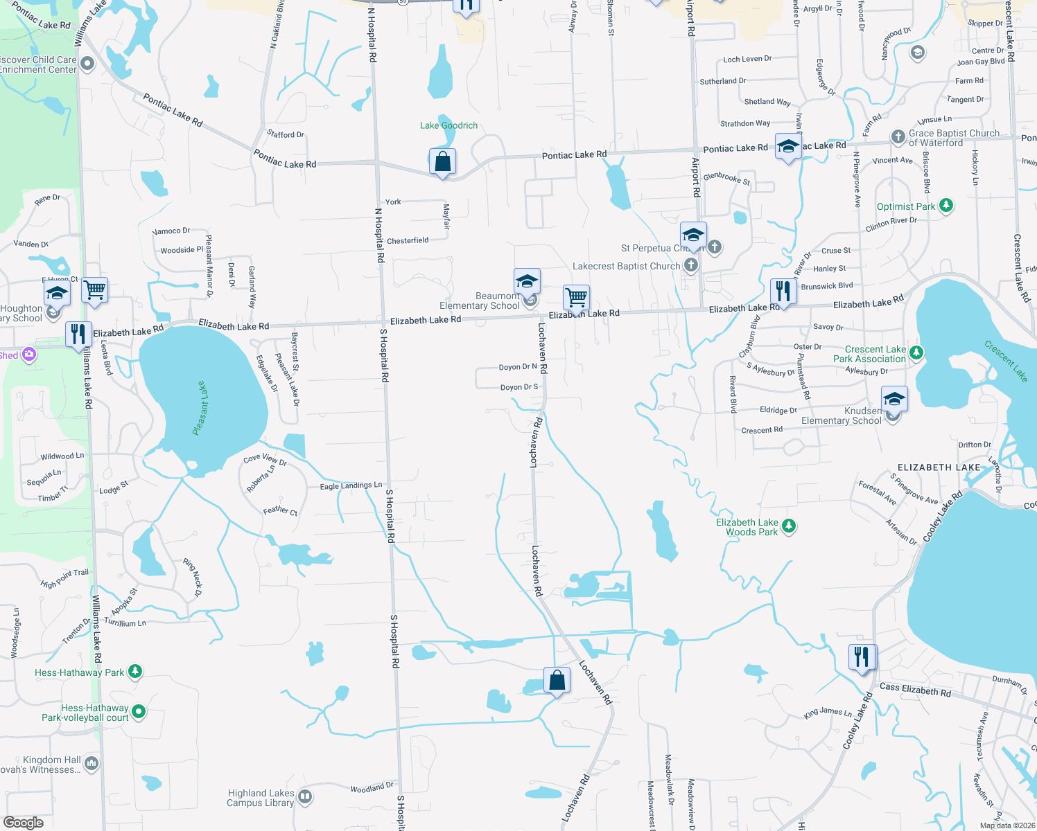 map of restaurants, bars, coffee shops, grocery stores, and more near 6596 Wedgewood Court in Waterford Township