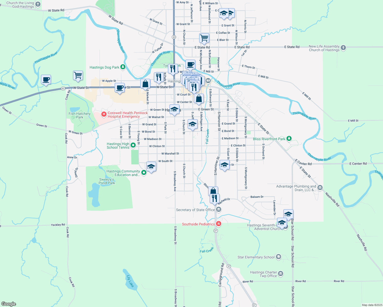 map of restaurants, bars, coffee shops, grocery stores, and more near 130 West Marshall Street in Hastings