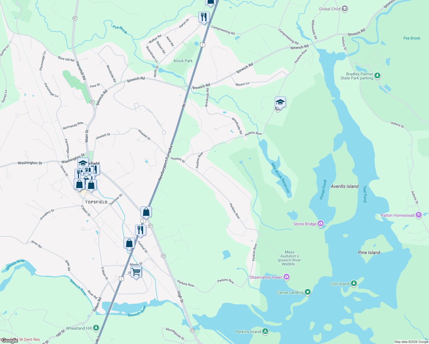 map of restaurants, bars, coffee shops, grocery stores, and more near 15 Candlewood Drive in Topsfield