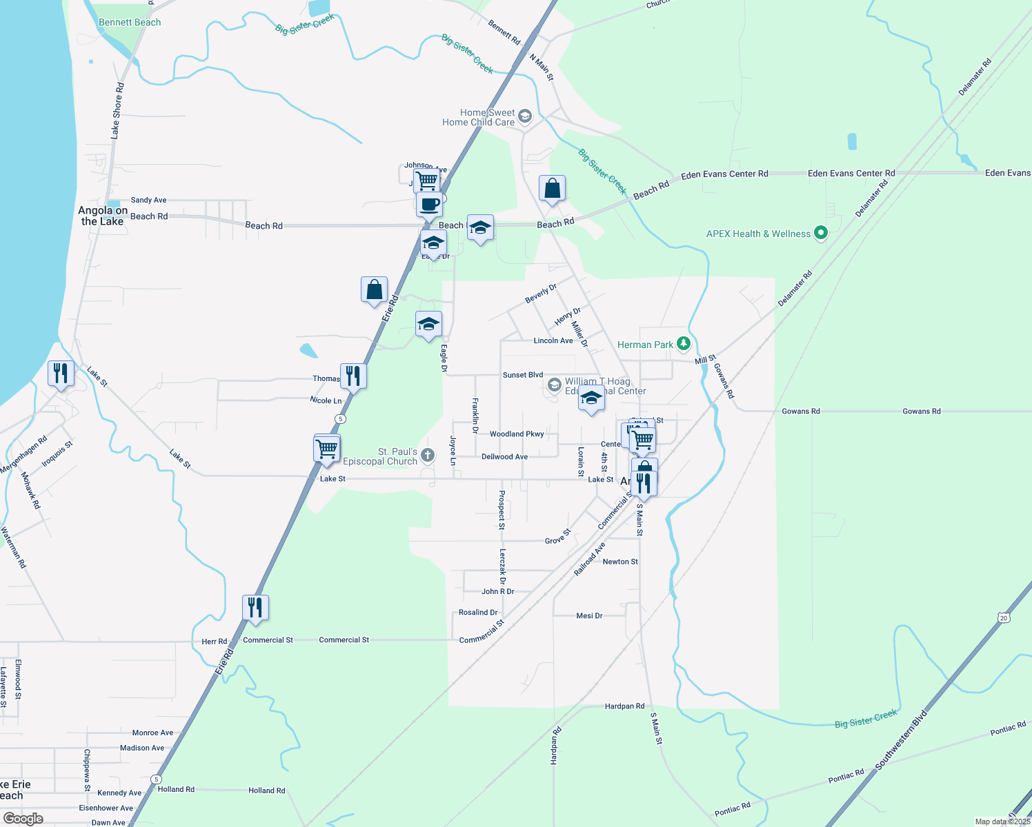 map of restaurants, bars, coffee shops, grocery stores, and more near 54 Glenwood Ave in Angola