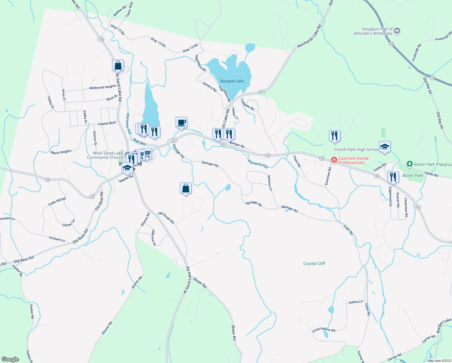 map of restaurants, bars, coffee shops, grocery stores, and more near 215 Springer Rd in West Sand Lake