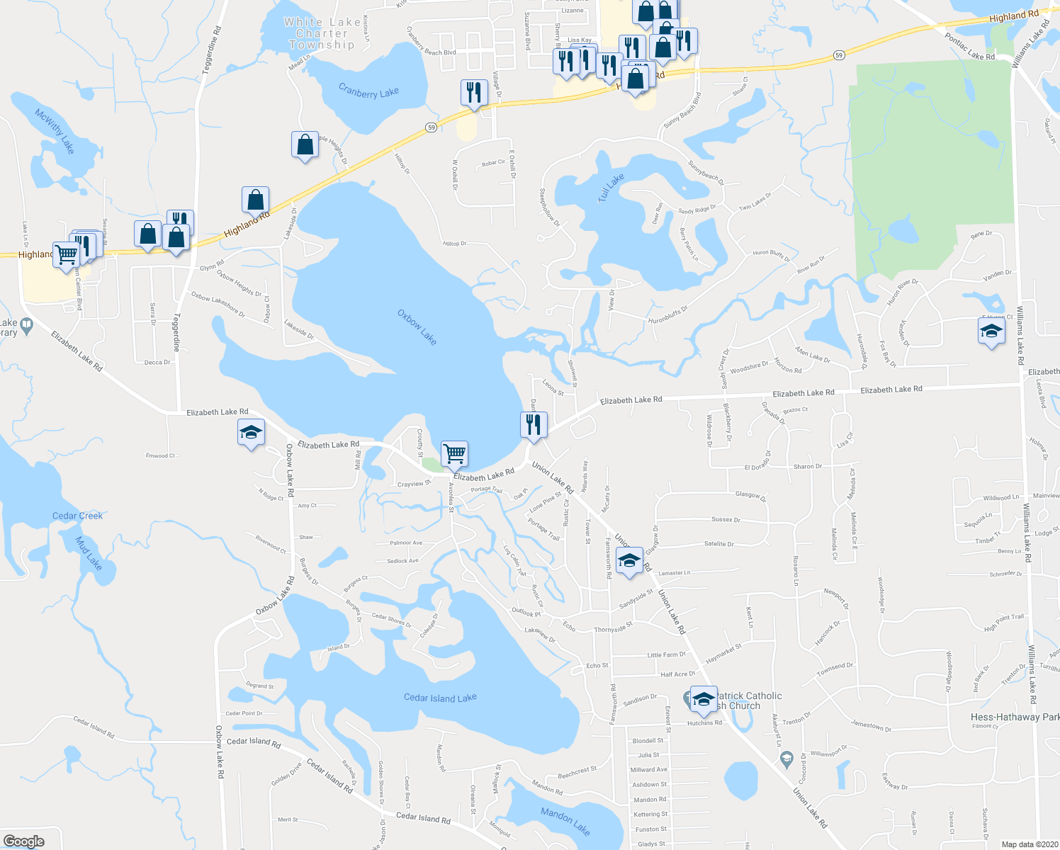 map of restaurants, bars, coffee shops, grocery stores, and more near 27 Danforth Street in White Lake charter Township