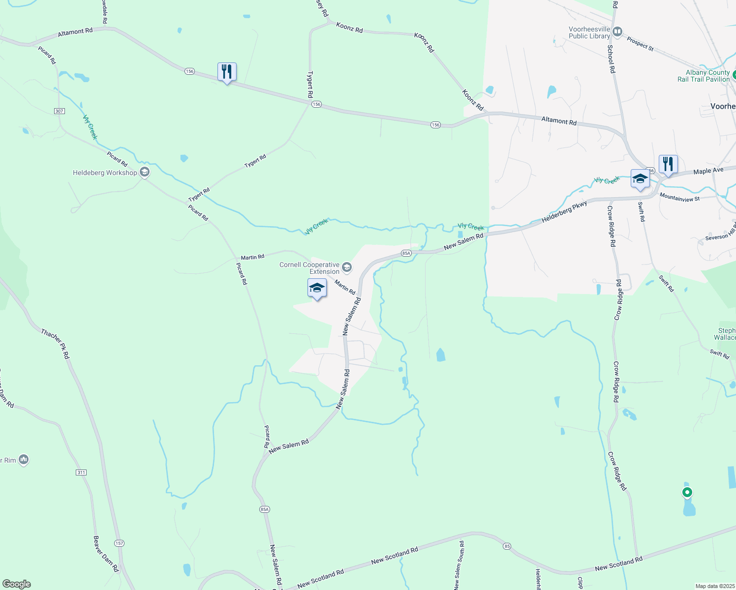 map of restaurants, bars, coffee shops, grocery stores, and more near 401 New Salem Rd in Voorheesville