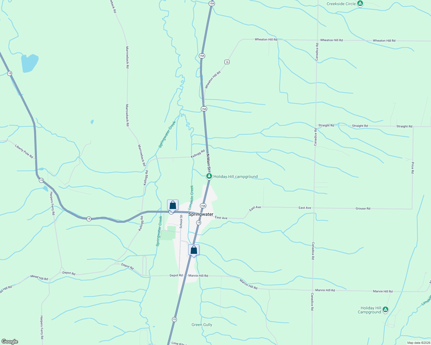 map of restaurants, bars, coffee shops, grocery stores, and more near 7745 North Main Street in Springwater