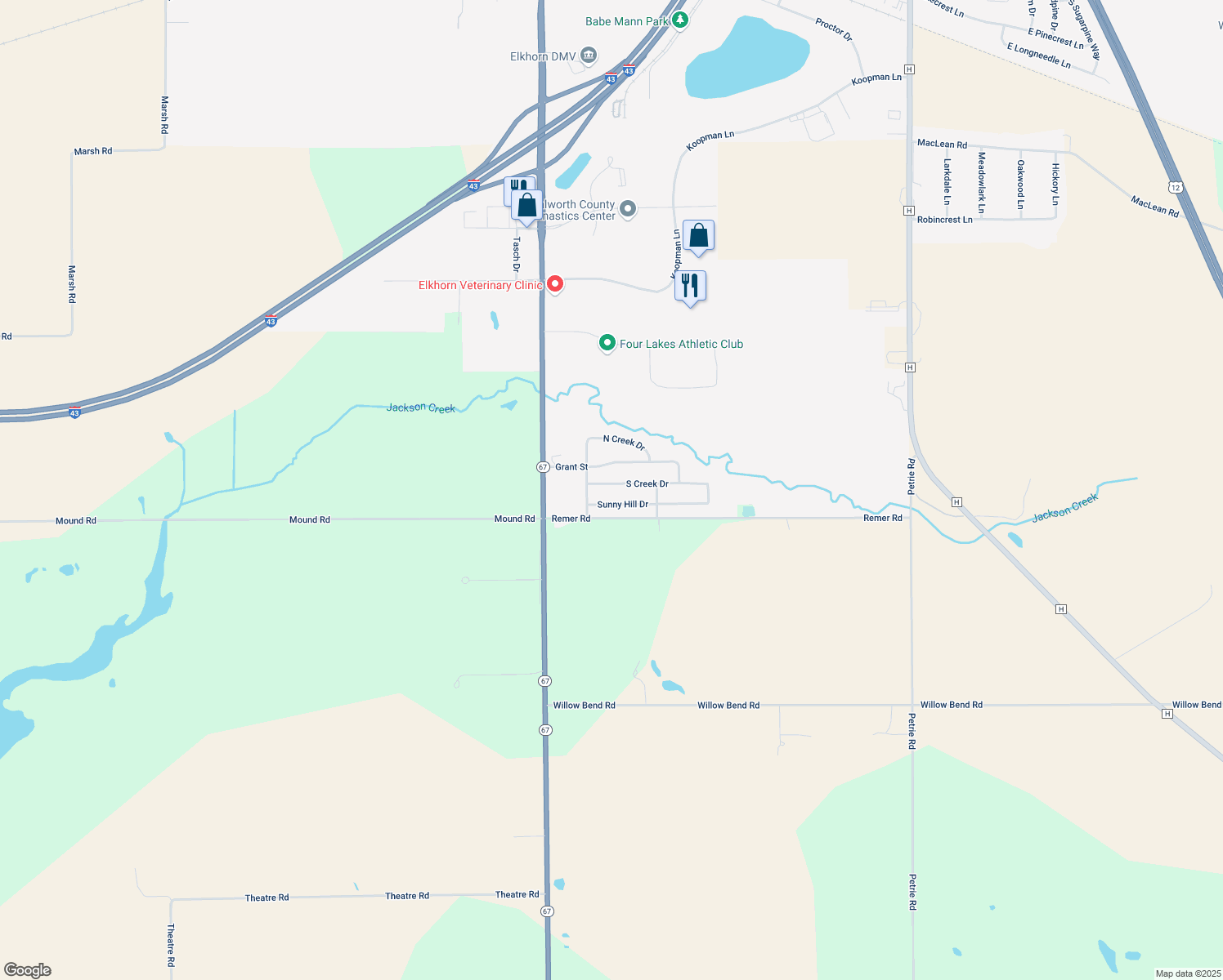 map of restaurants, bars, coffee shops, grocery stores, and more near 327 S Creek Dr in Elkhorn