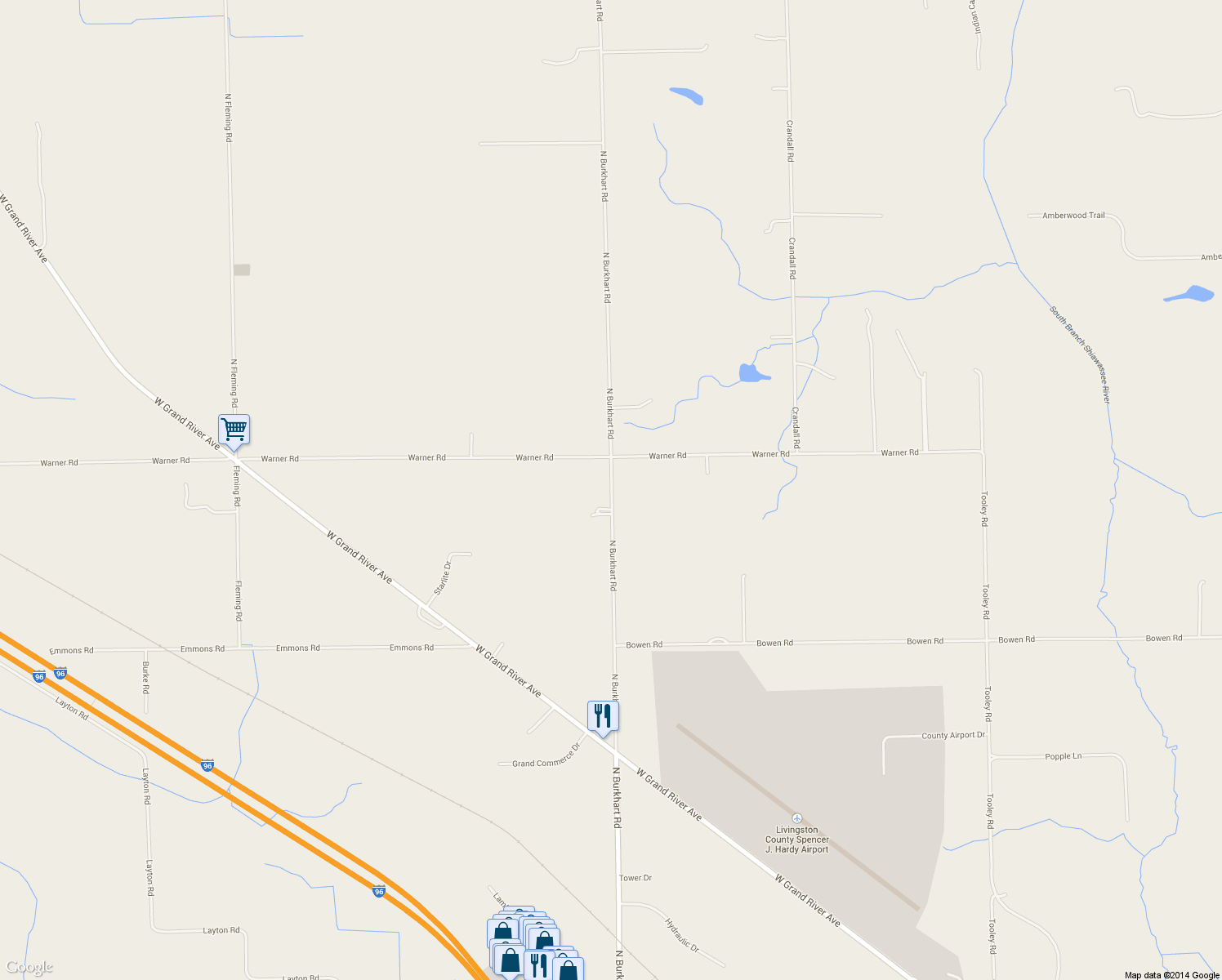 map of restaurants, bars, coffee shops, grocery stores, and more near 2915 North Burkhart Road in Howell