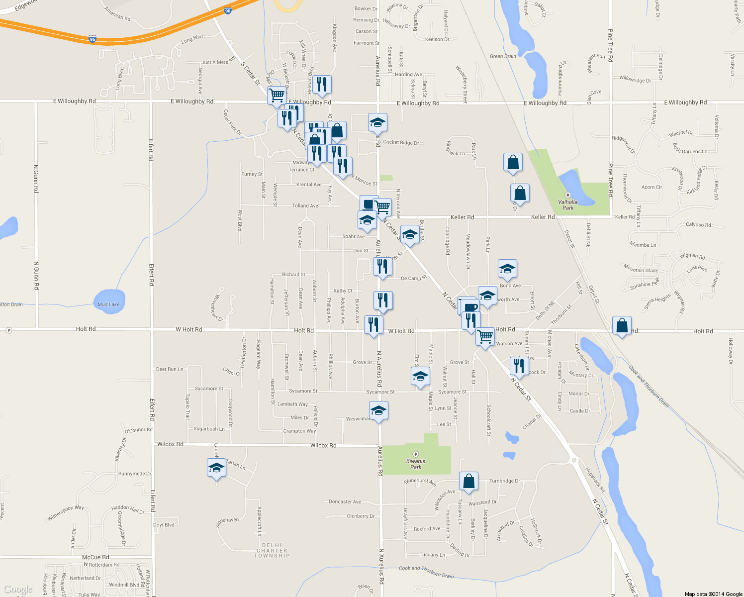 map of restaurants, bars, coffee shops, grocery stores, and more near 2073 Aurelius Road in Delhi Charter Township
