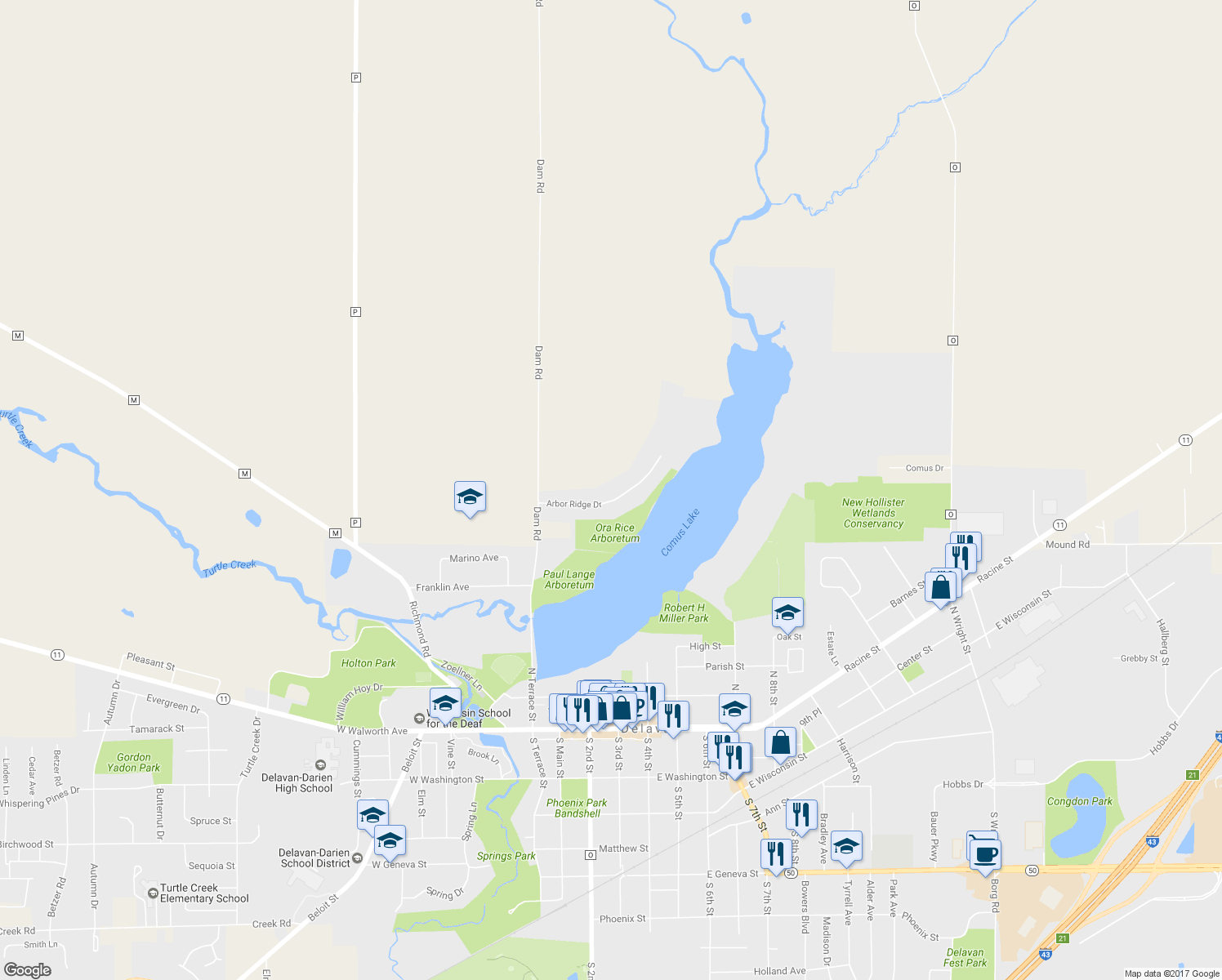map of restaurants, bars, coffee shops, grocery stores, and more near 311 Arbor Ridge Drive in Delavan
