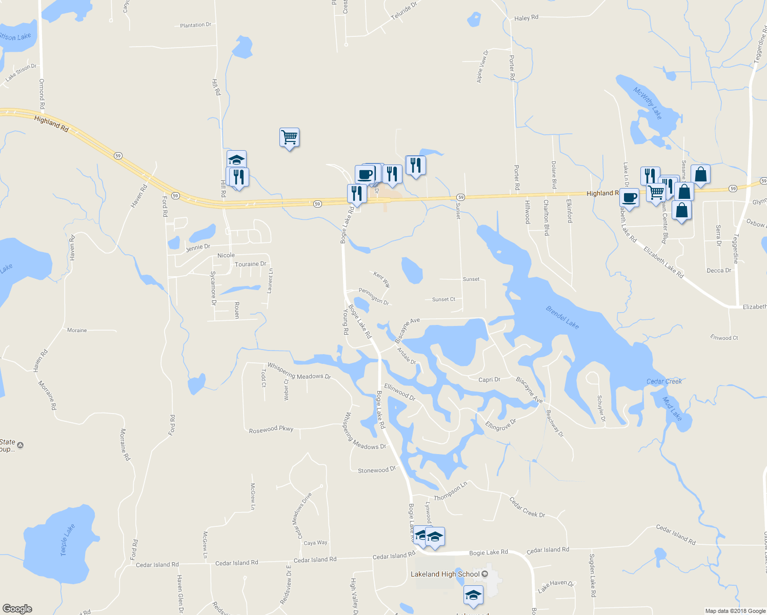 map of restaurants, bars, coffee shops, grocery stores, and more near 6424 Pennington Drive in White Lake charter Township