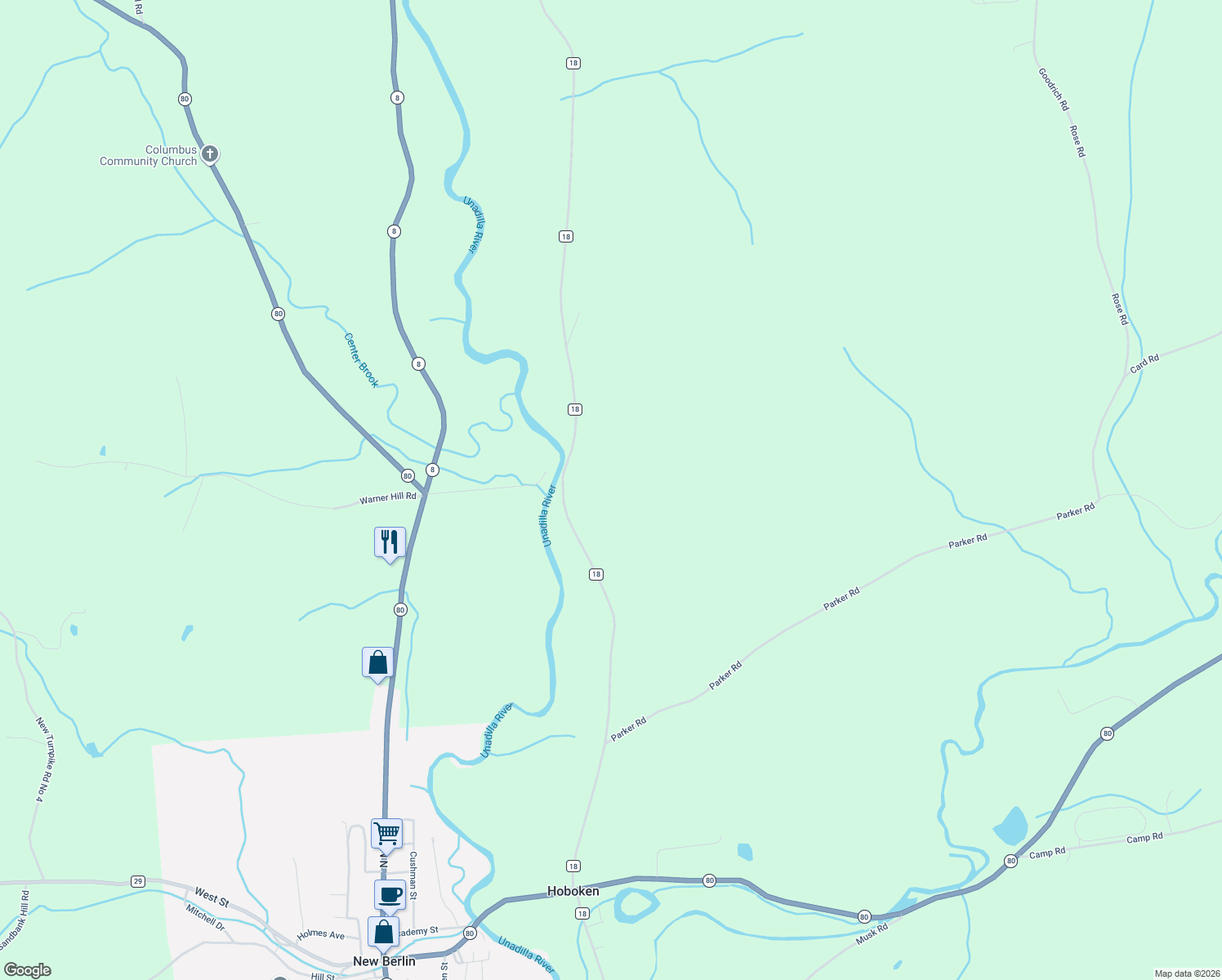 map of restaurants, bars, coffee shops, grocery stores, and more near 3584 County Highway 18 in New Berlin