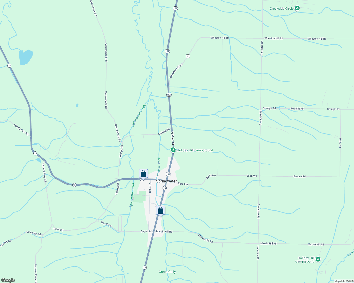 map of restaurants, bars, coffee shops, grocery stores, and more near 7745 North Main Street in Springwater