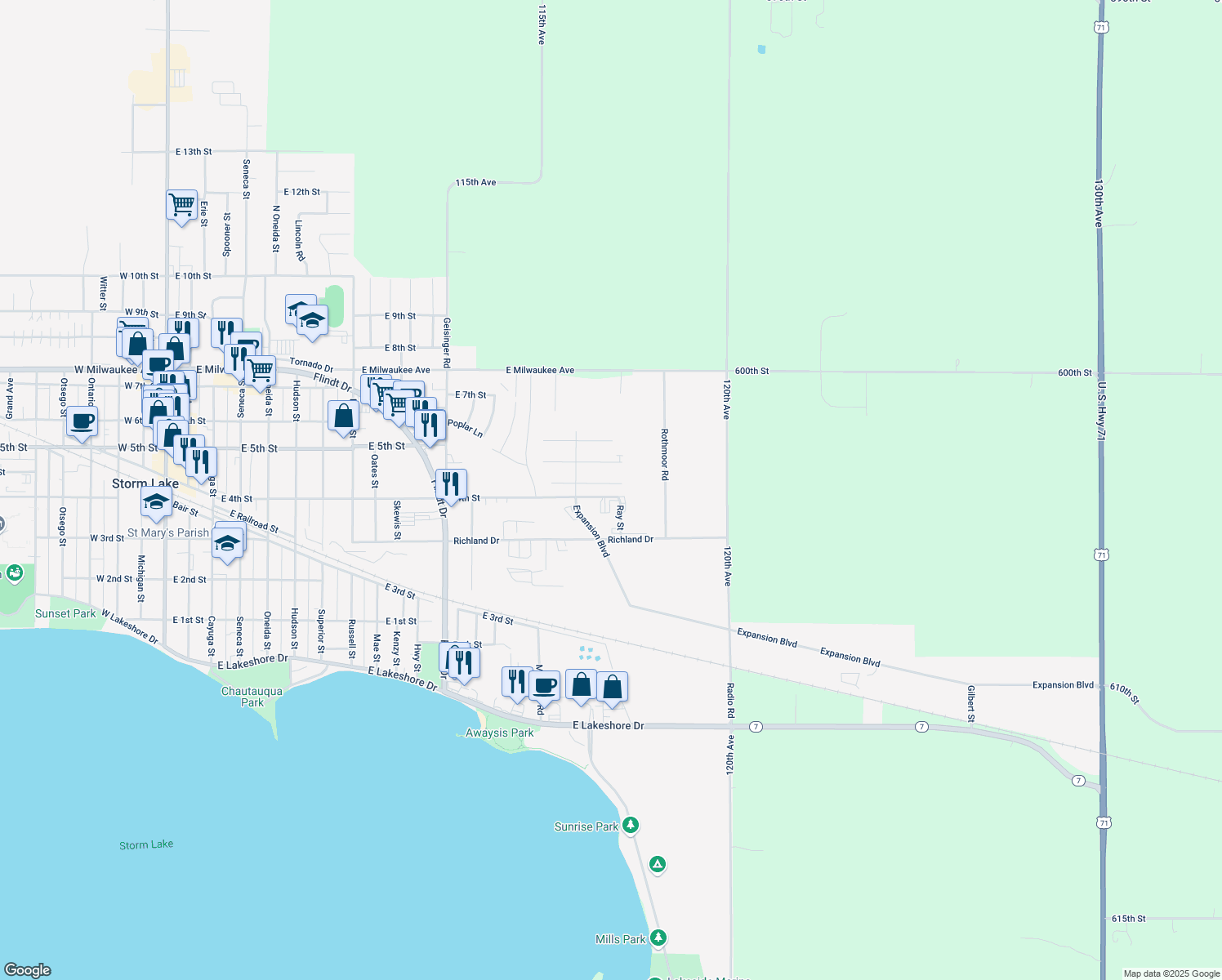 map of restaurants, bars, coffee shops, grocery stores, and more near 1712 Rose Lane in Storm Lake