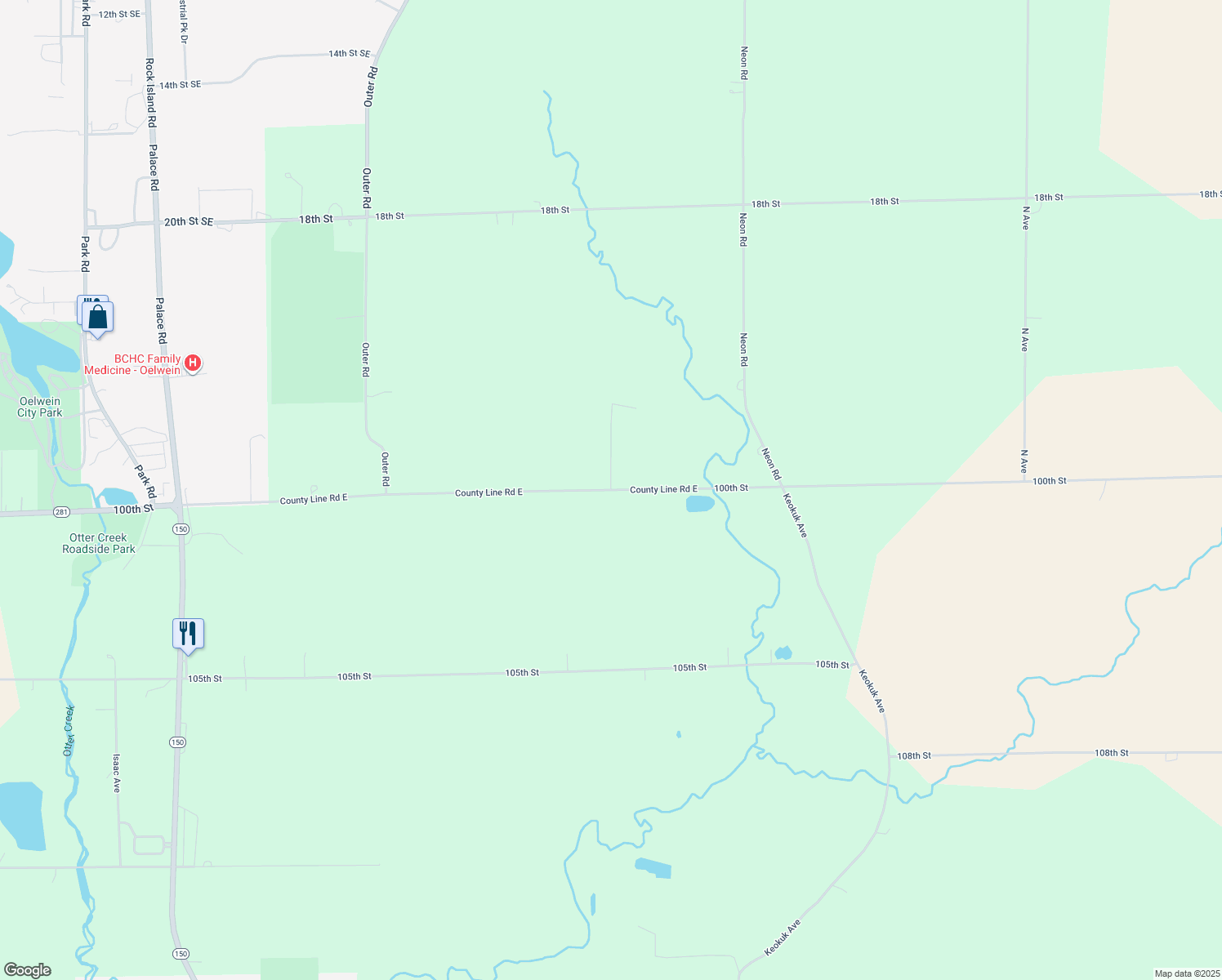 map of restaurants, bars, coffee shops, grocery stores, and more near 15296 County Line Road East in Oelwein