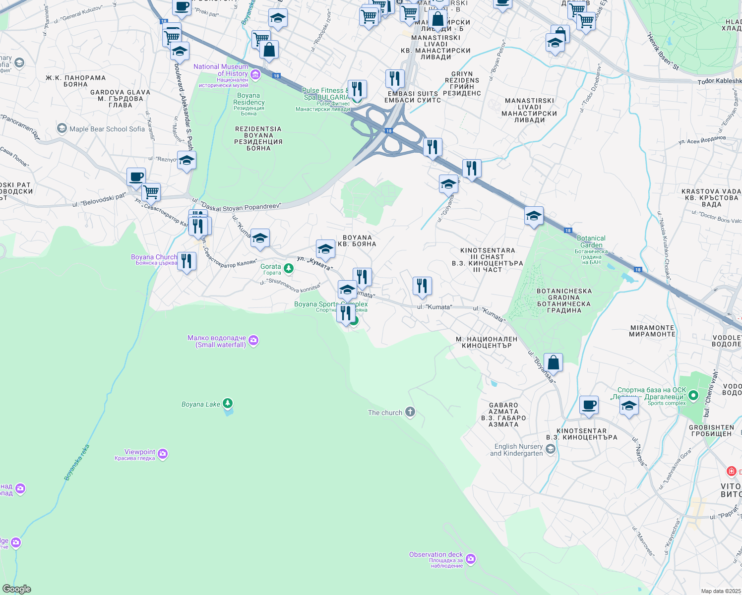 map of restaurants, bars, coffee shops, grocery stores, and more near 71-73 ulitsa "Kumata" in Sofia