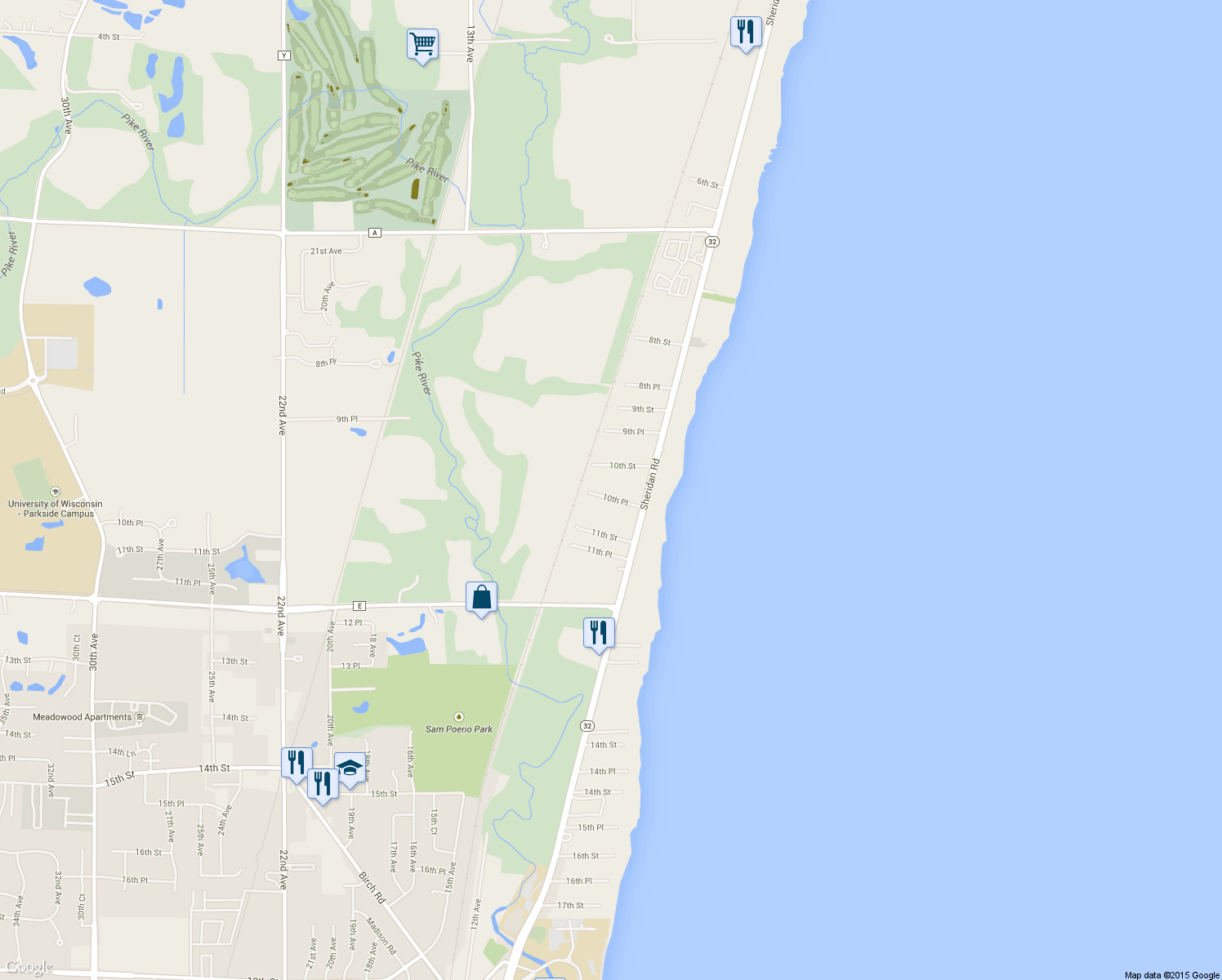 map of restaurants, bars, coffee shops, grocery stores, and more near 516 10th Place in Kenosha
