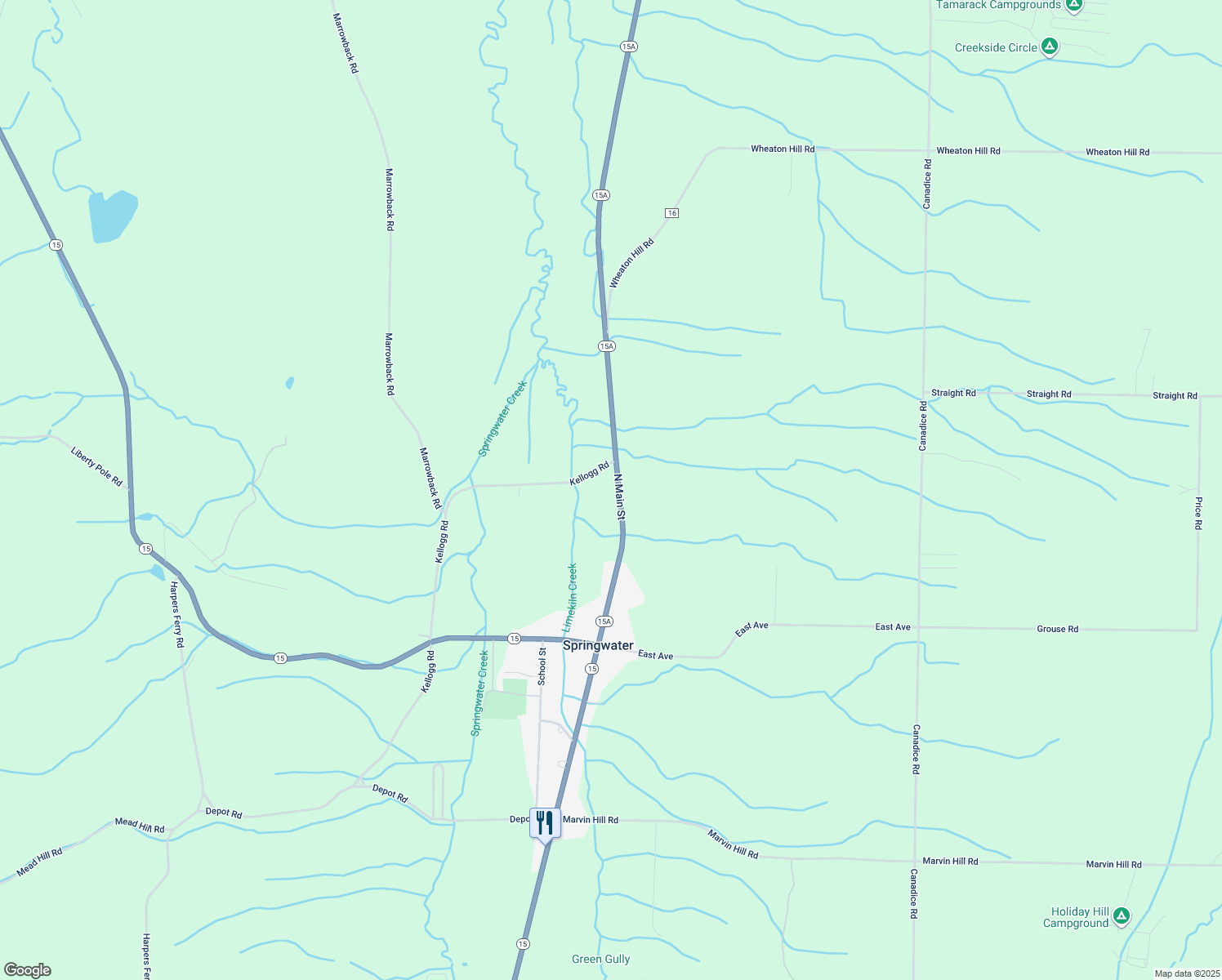 map of restaurants, bars, coffee shops, grocery stores, and more near 7702 North Main Street in Springwater