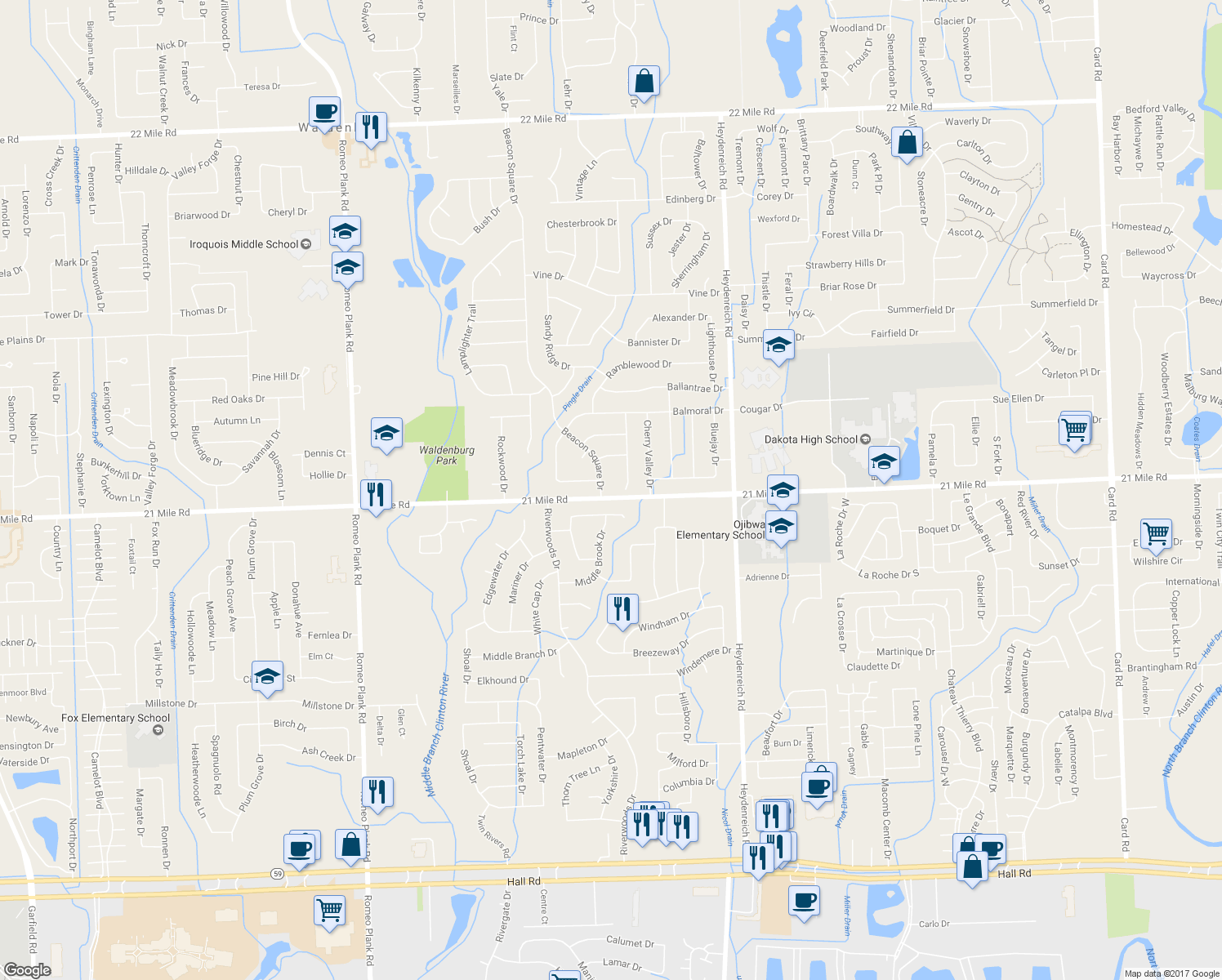 map of restaurants, bars, coffee shops, grocery stores, and more near 47002 Beacon Square Drive in Macomb