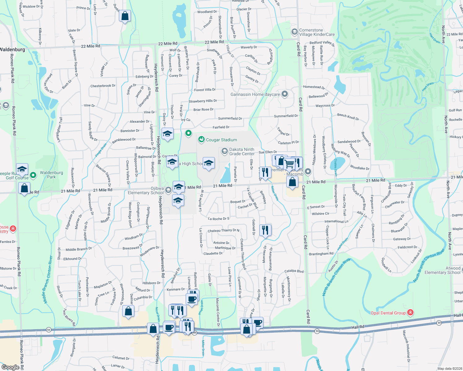 map of restaurants, bars, coffee shops, grocery stores, and more near 21171 21 Mile Road in Macomb