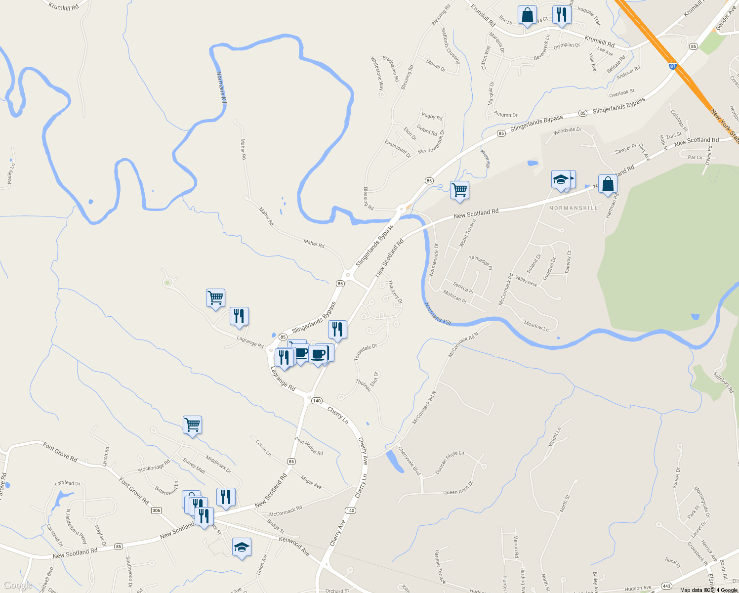 map of restaurants, bars, coffee shops, grocery stores, and more near 6 Whitman Common in Slingerlands