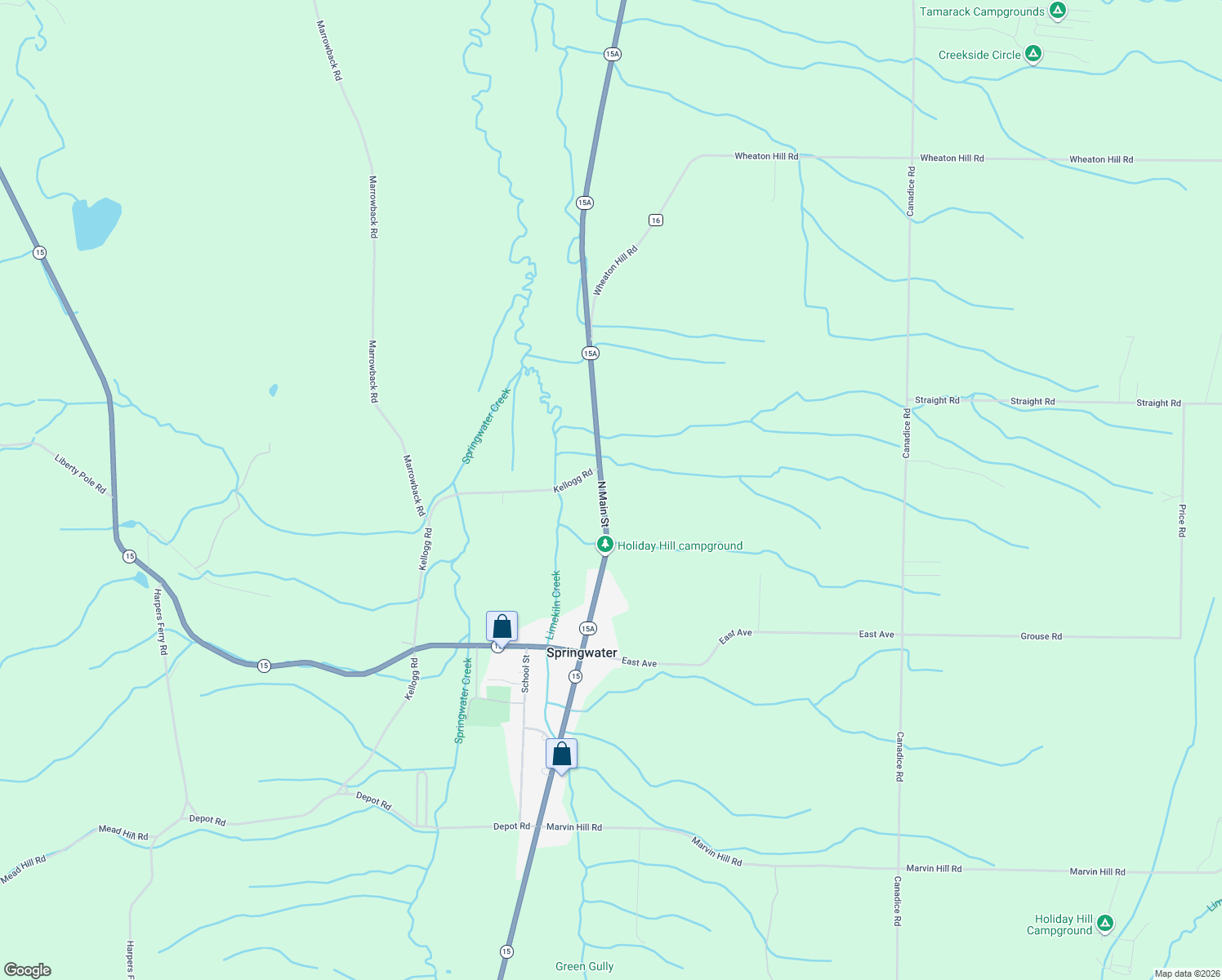 map of restaurants, bars, coffee shops, grocery stores, and more near 7702 North Main Street in Springwater