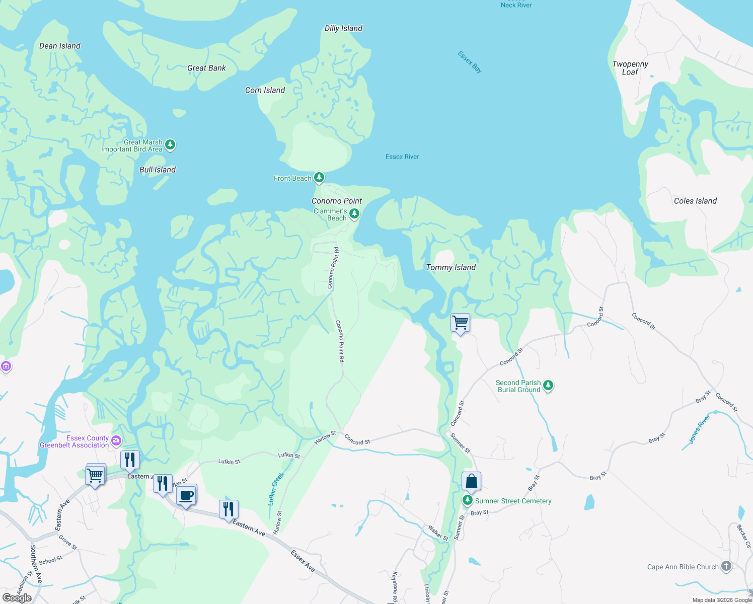 map of restaurants, bars, coffee shops, grocery stores, and more near 25 Lufkin Point Road in Essex
