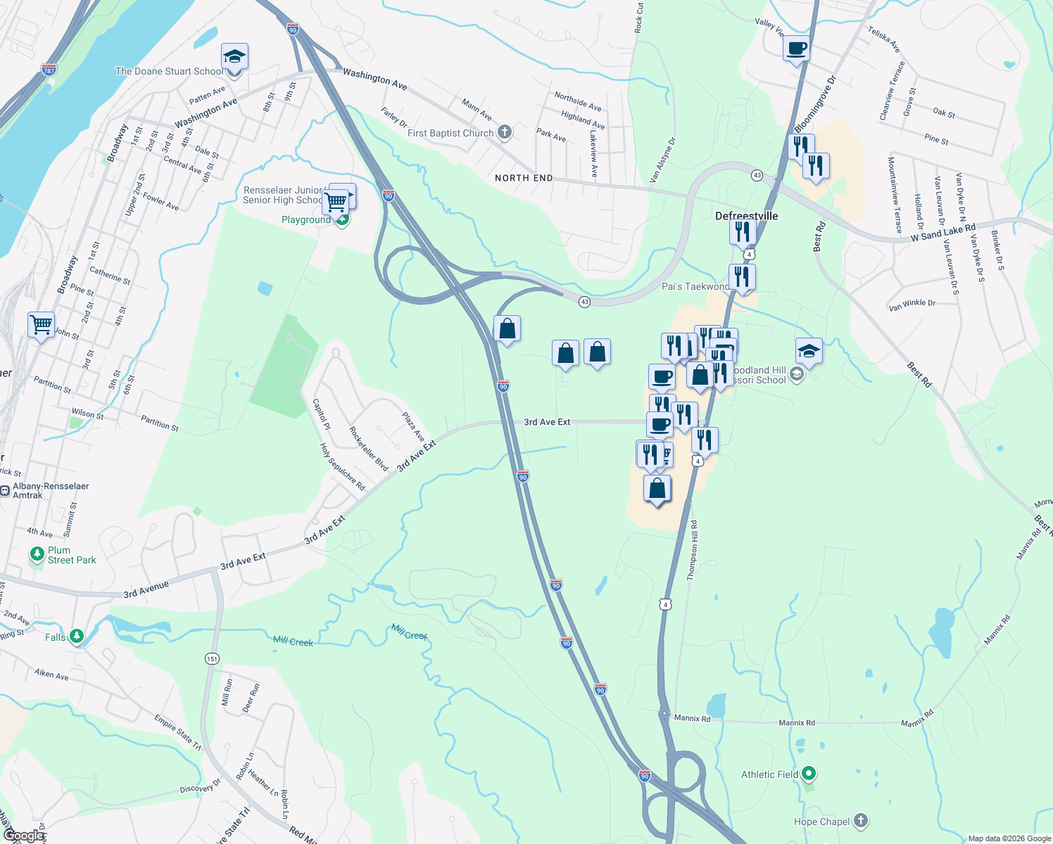 map of restaurants, bars, coffee shops, grocery stores, and more near 516 3rd Avenue Extension in Rensselaer