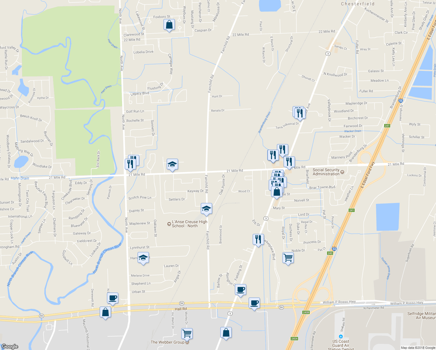map of restaurants, bars, coffee shops, grocery stores, and more near 24374 21 Mile Road in Macomb