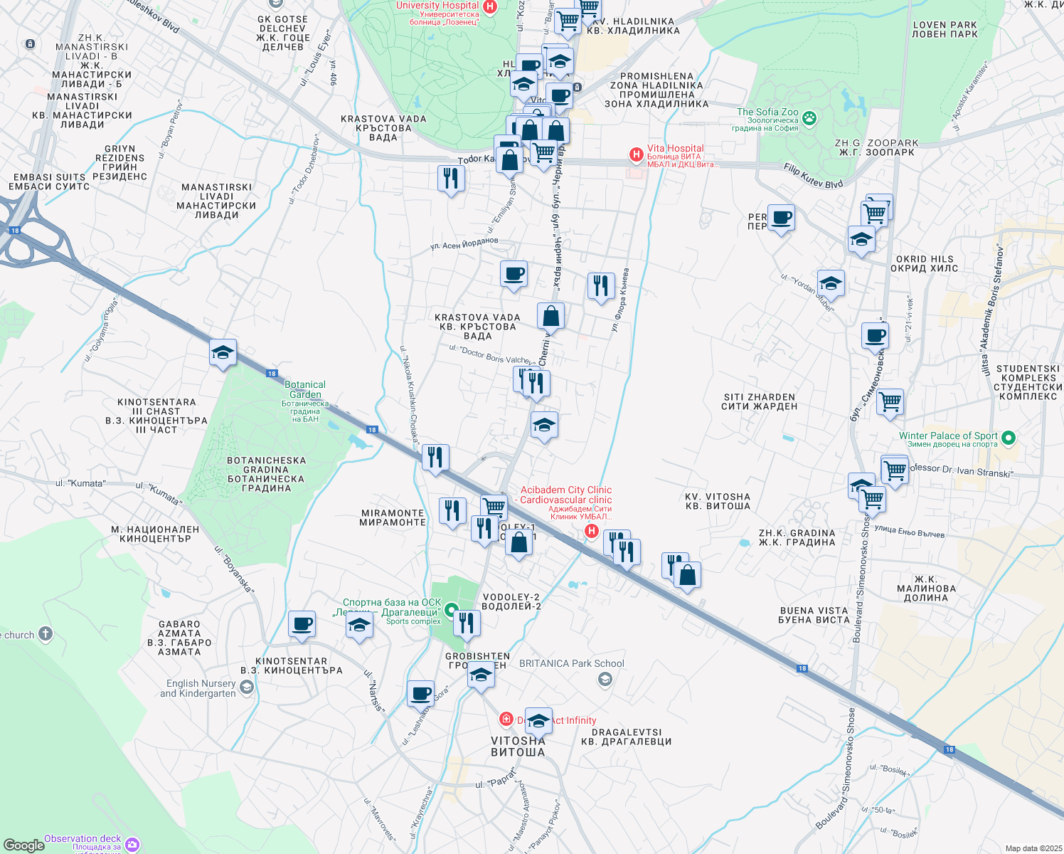 map of restaurants, bars, coffee shops, grocery stores, and more near 117 bulevard "Cherni vrah" in Sofia