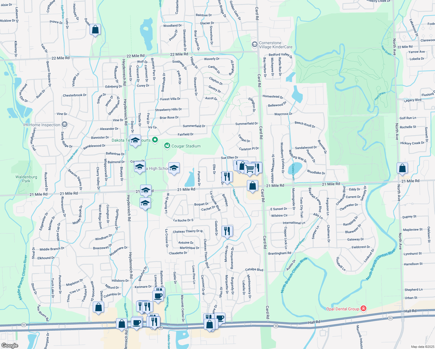 map of restaurants, bars, coffee shops, grocery stores, and more near 47210 Ellie Dr in Macomb