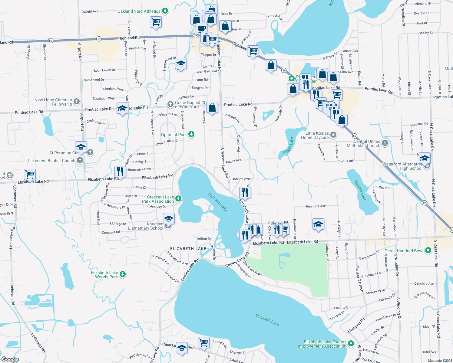 map of restaurants, bars, coffee shops, grocery stores, and more near 235 Crescent Lake Road in Waterford Township