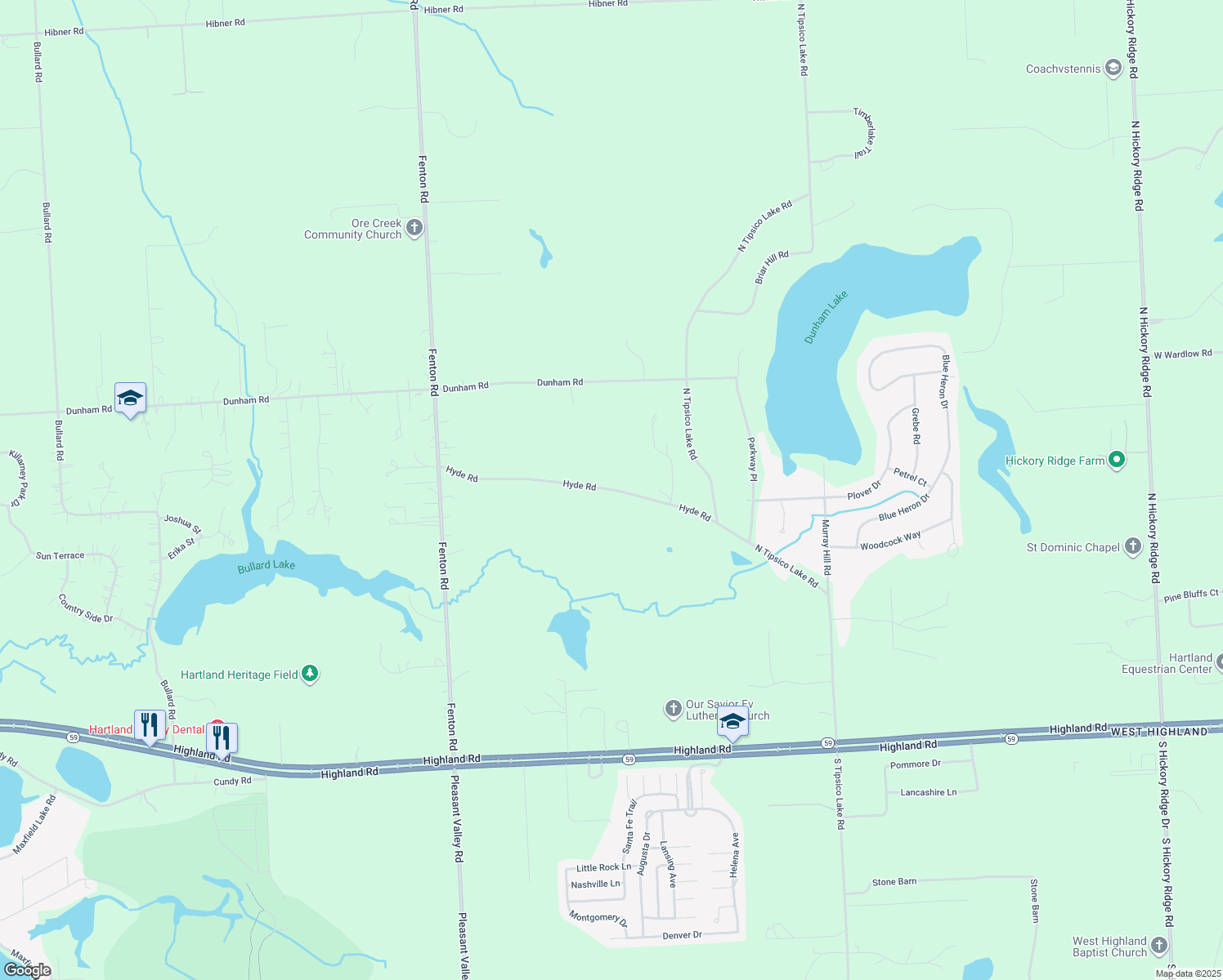 map of restaurants, bars, coffee shops, grocery stores, and more near 13430 Hyde Road in Hartland