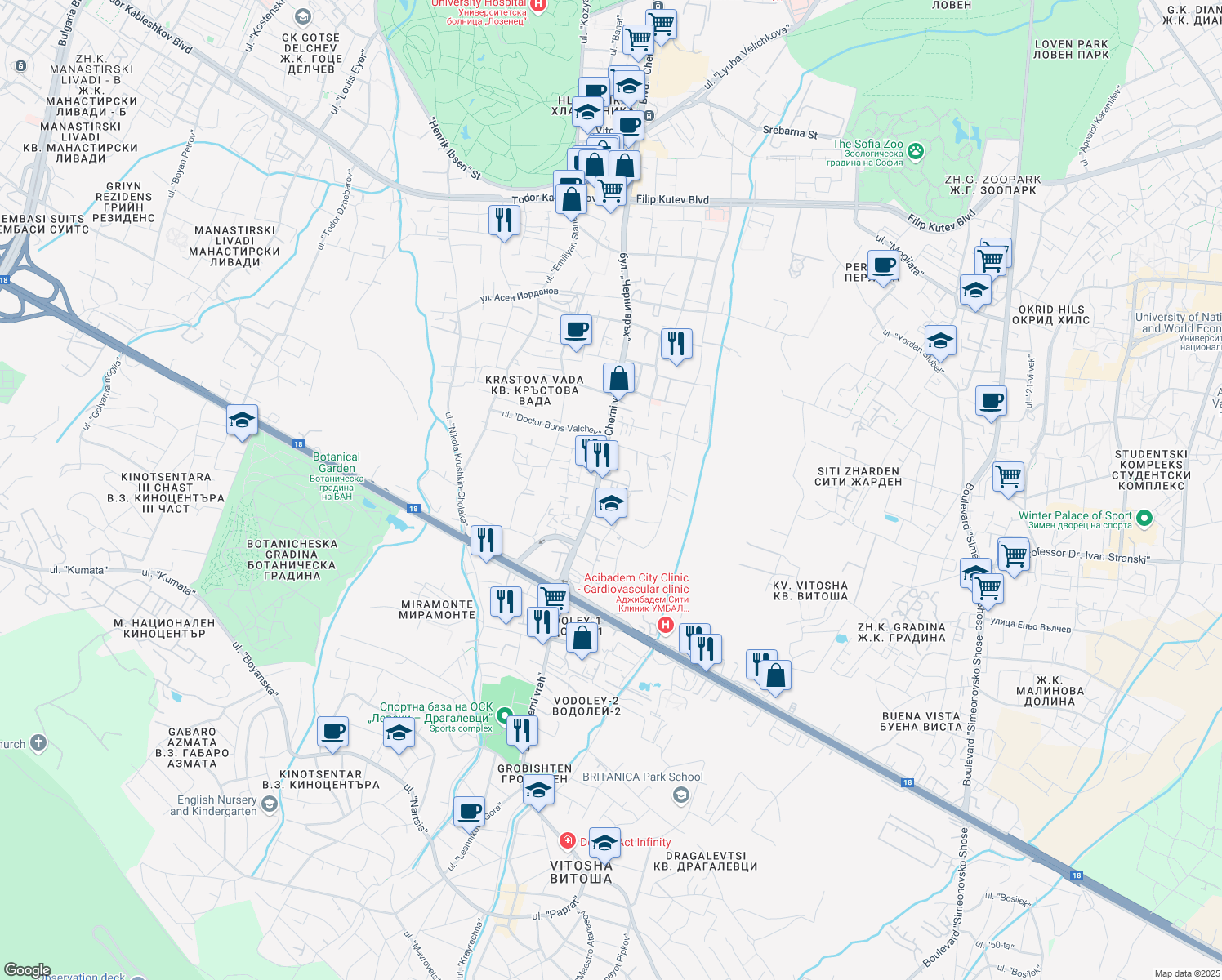 map of restaurants, bars, coffee shops, grocery stores, and more near 117 bulevard "Cherni vrah" in Sofia