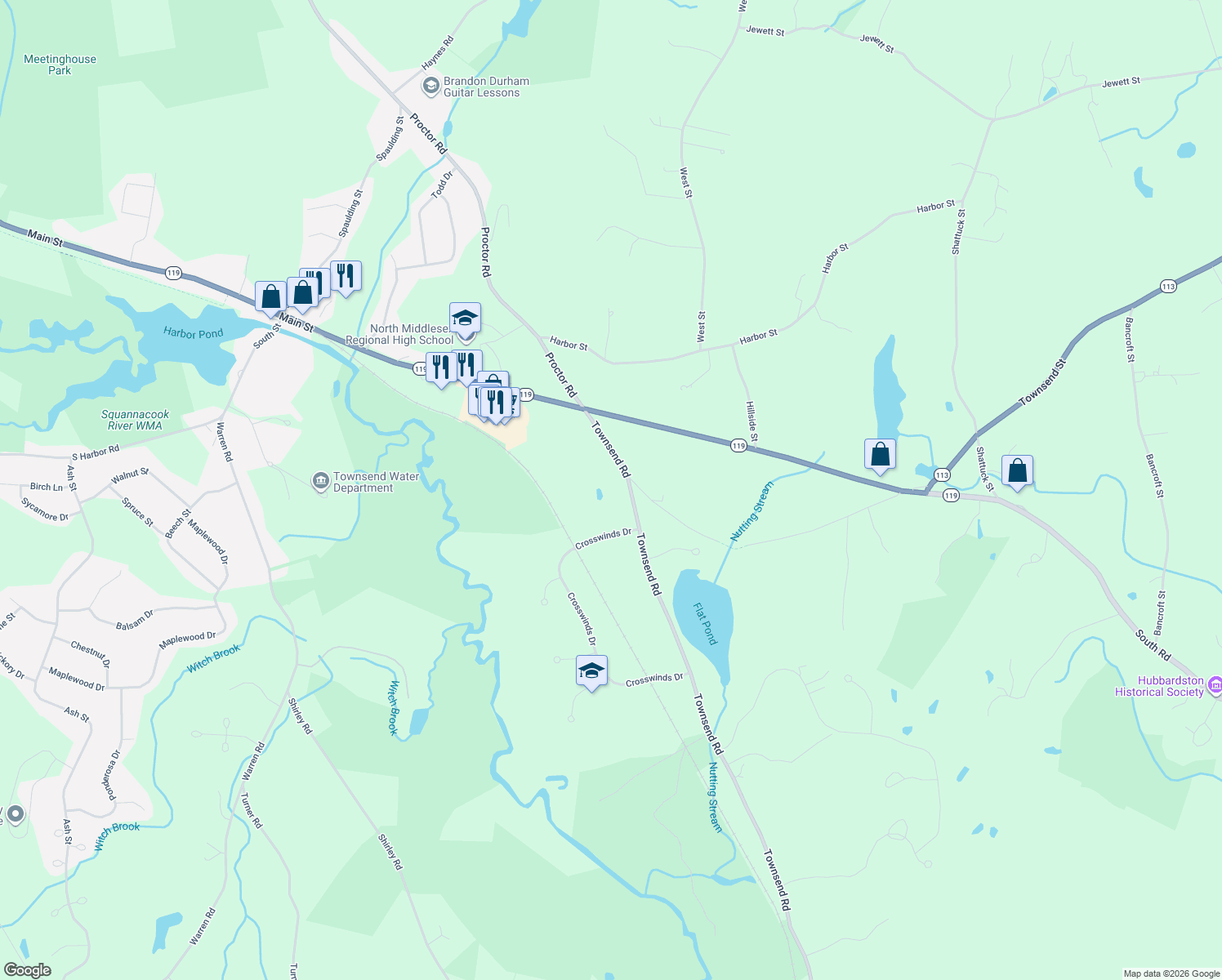 map of restaurants, bars, coffee shops, grocery stores, and more near 907 Townsend Road in Groton