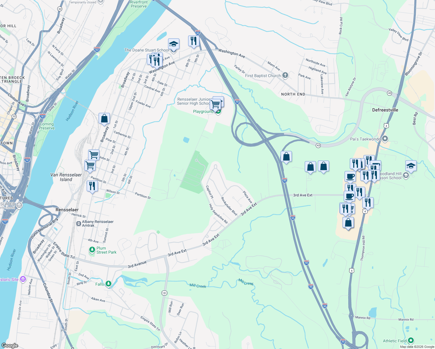 map of restaurants, bars, coffee shops, grocery stores, and more near 44 Capitol Place in Rensselaer