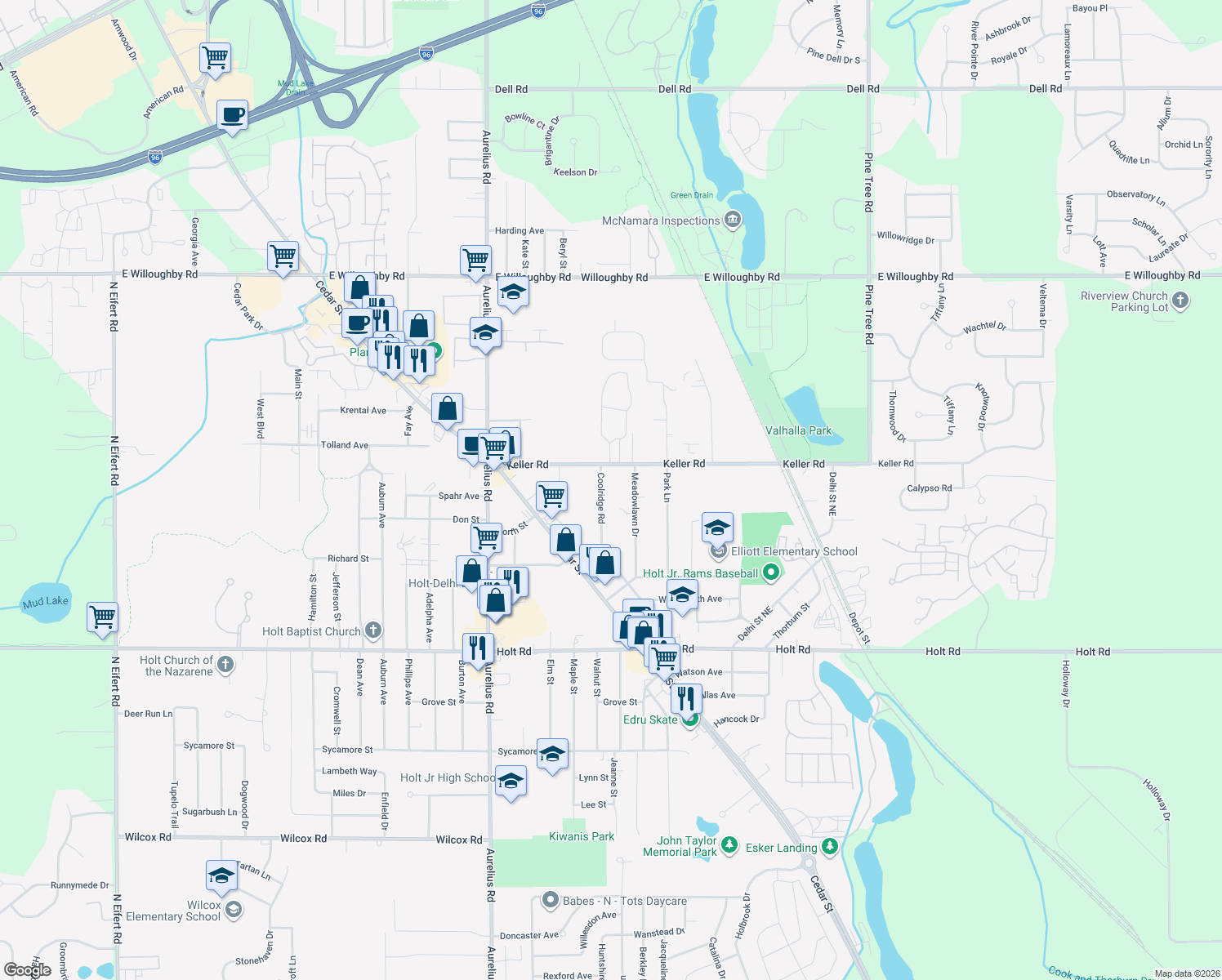 map of restaurants, bars, coffee shops, grocery stores, and more near 2218 Coolridge Road in Delhi Charter Township