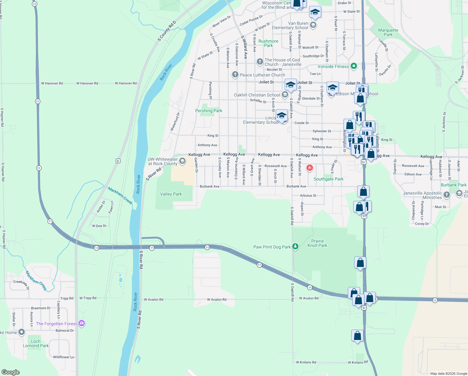 map of restaurants, bars, coffee shops, grocery stores, and more near 2403 Burbank Avenue in Janesville