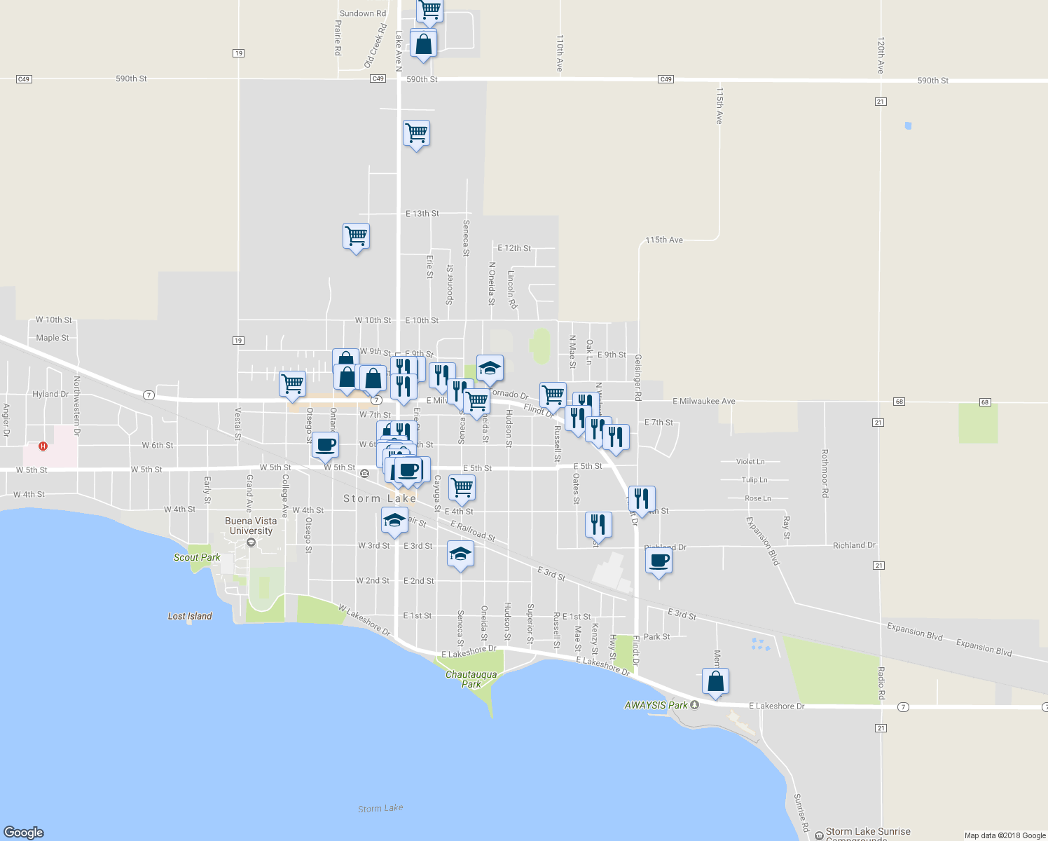 map of restaurants, bars, coffee shops, grocery stores, and more near 614 East 7th Street in Storm Lake
