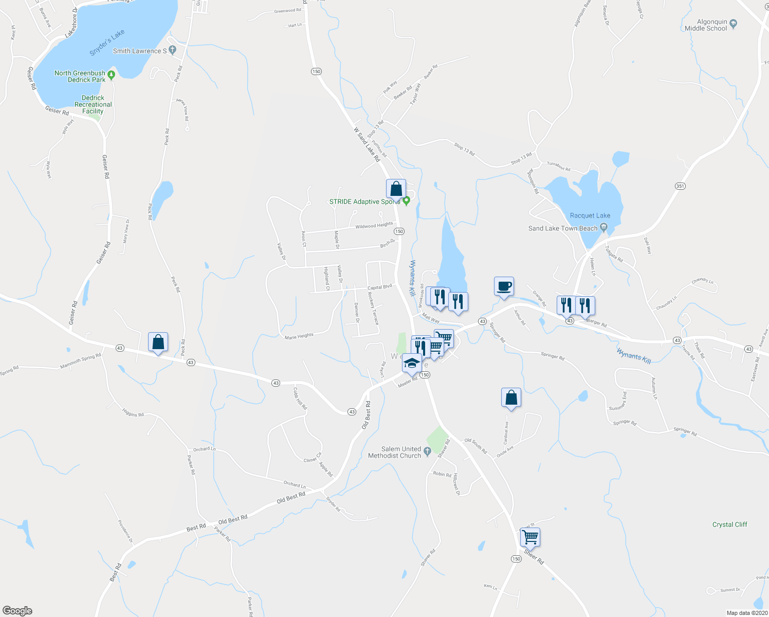 map of restaurants, bars, coffee shops, grocery stores, and more near 10 Fletcher Road in West Sand Lake