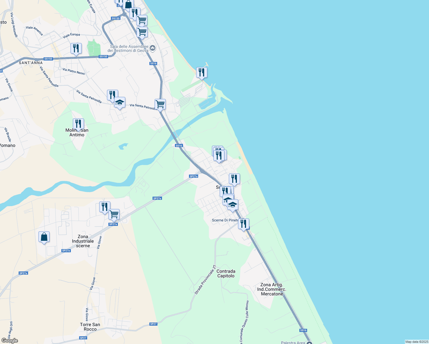 map of restaurants, bars, coffee shops, grocery stores, and more near 52 Via Vomano Vecchio in Scerne