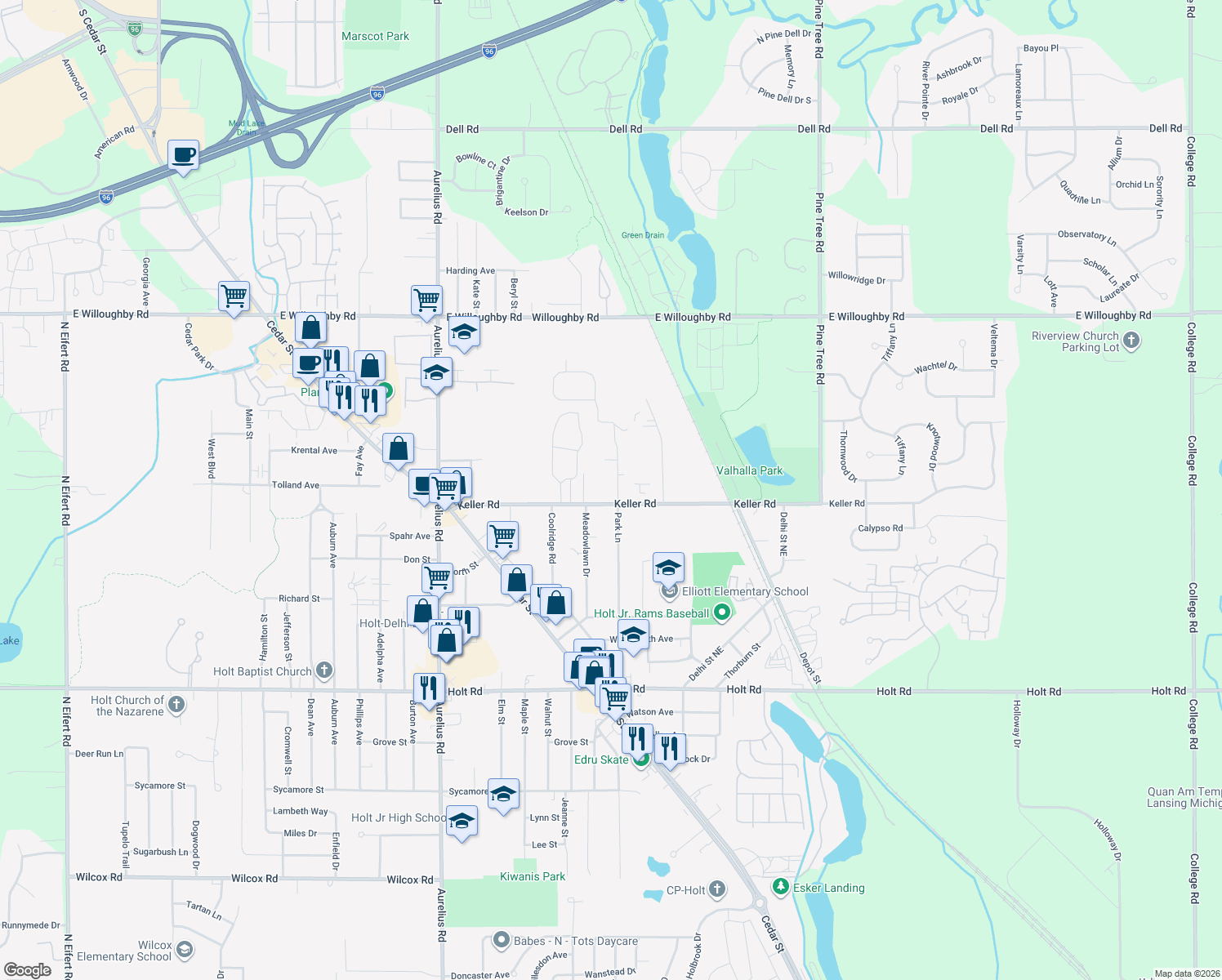 map of restaurants, bars, coffee shops, grocery stores, and more near 2269 Park Ln in Delhi Charter Township