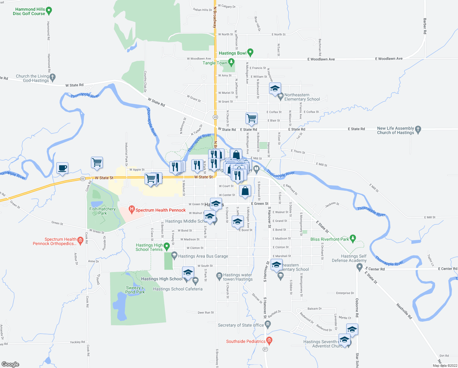 map of restaurants, bars, coffee shops, grocery stores, and more near 121 South Church Street in Hastings
