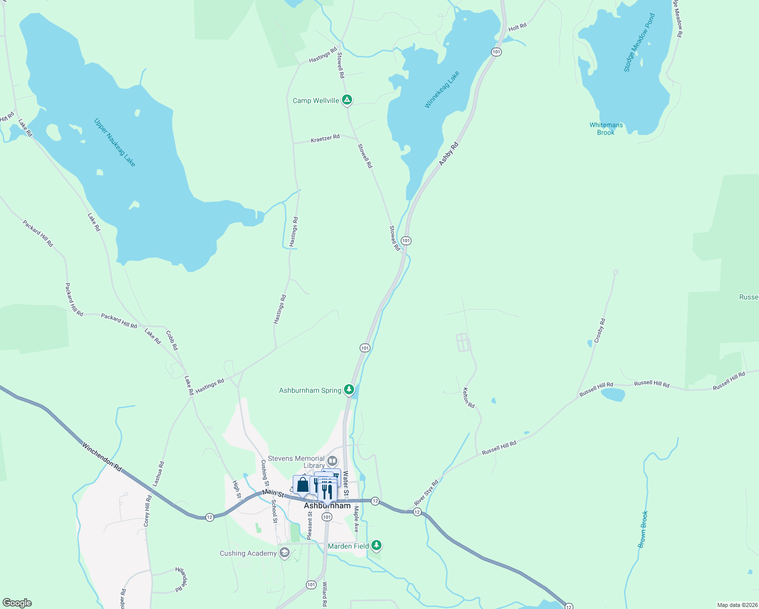 map of restaurants, bars, coffee shops, grocery stores, and more near 57 Ashby Road in Ashburnham