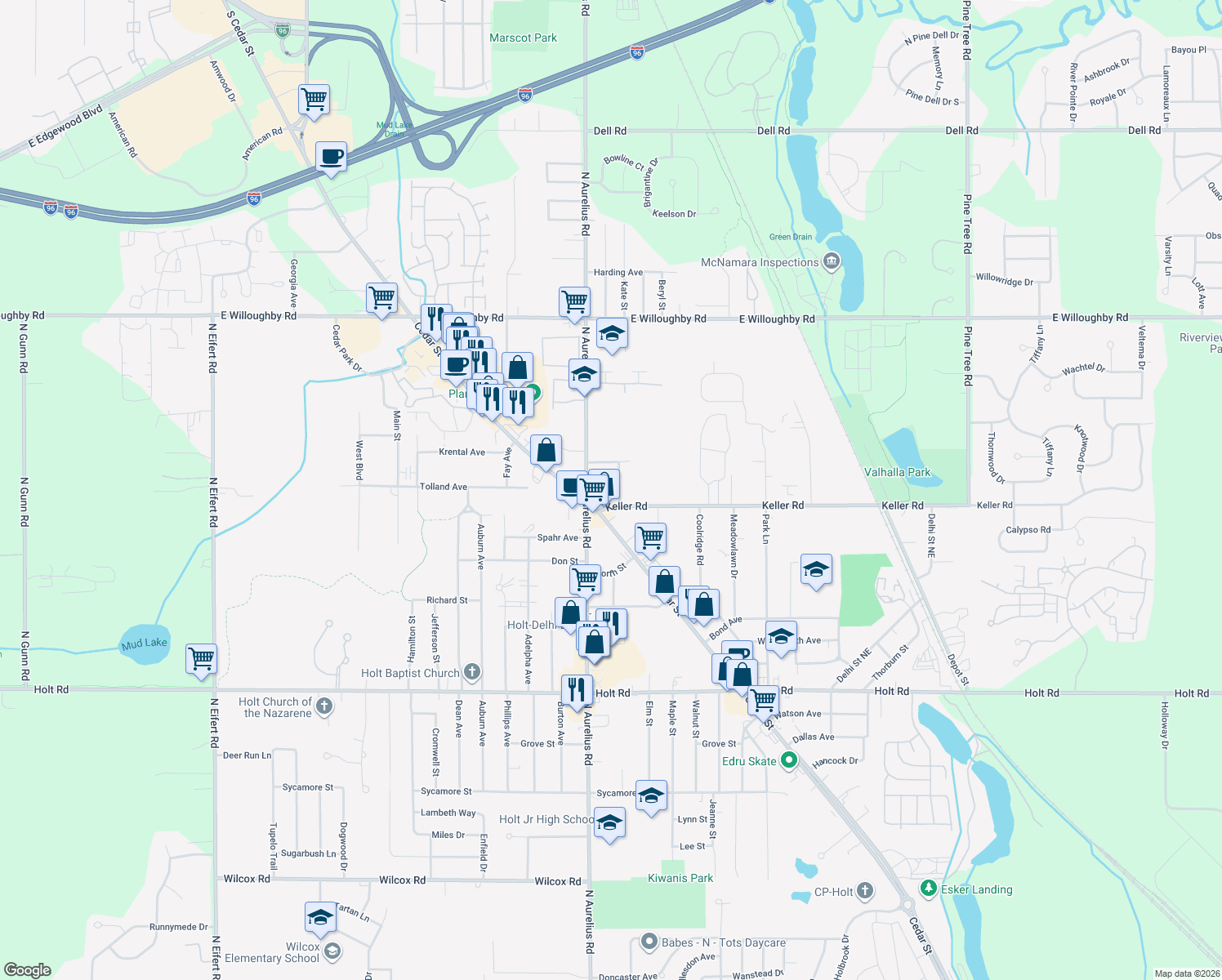 map of restaurants, bars, coffee shops, grocery stores, and more near 2275 North Vernon Avenue in Holt