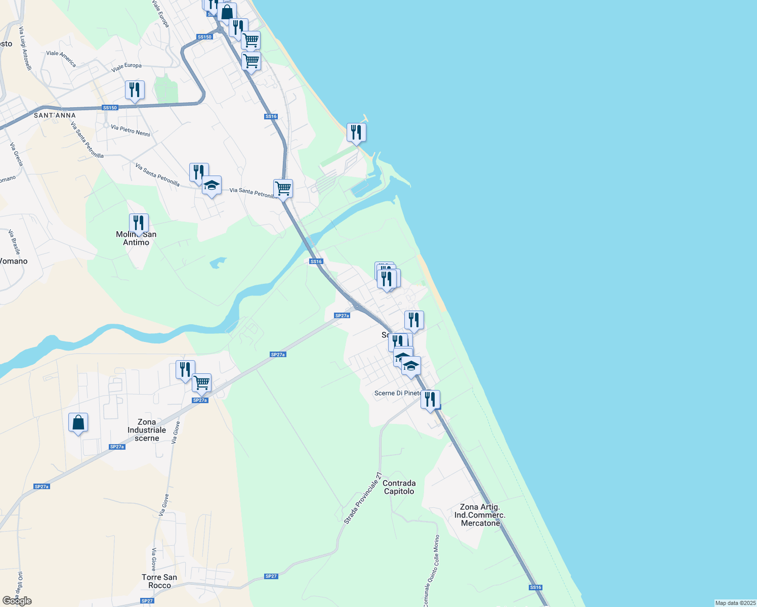 map of restaurants, bars, coffee shops, grocery stores, and more near 52 Via Vomano Vecchio in Scerne