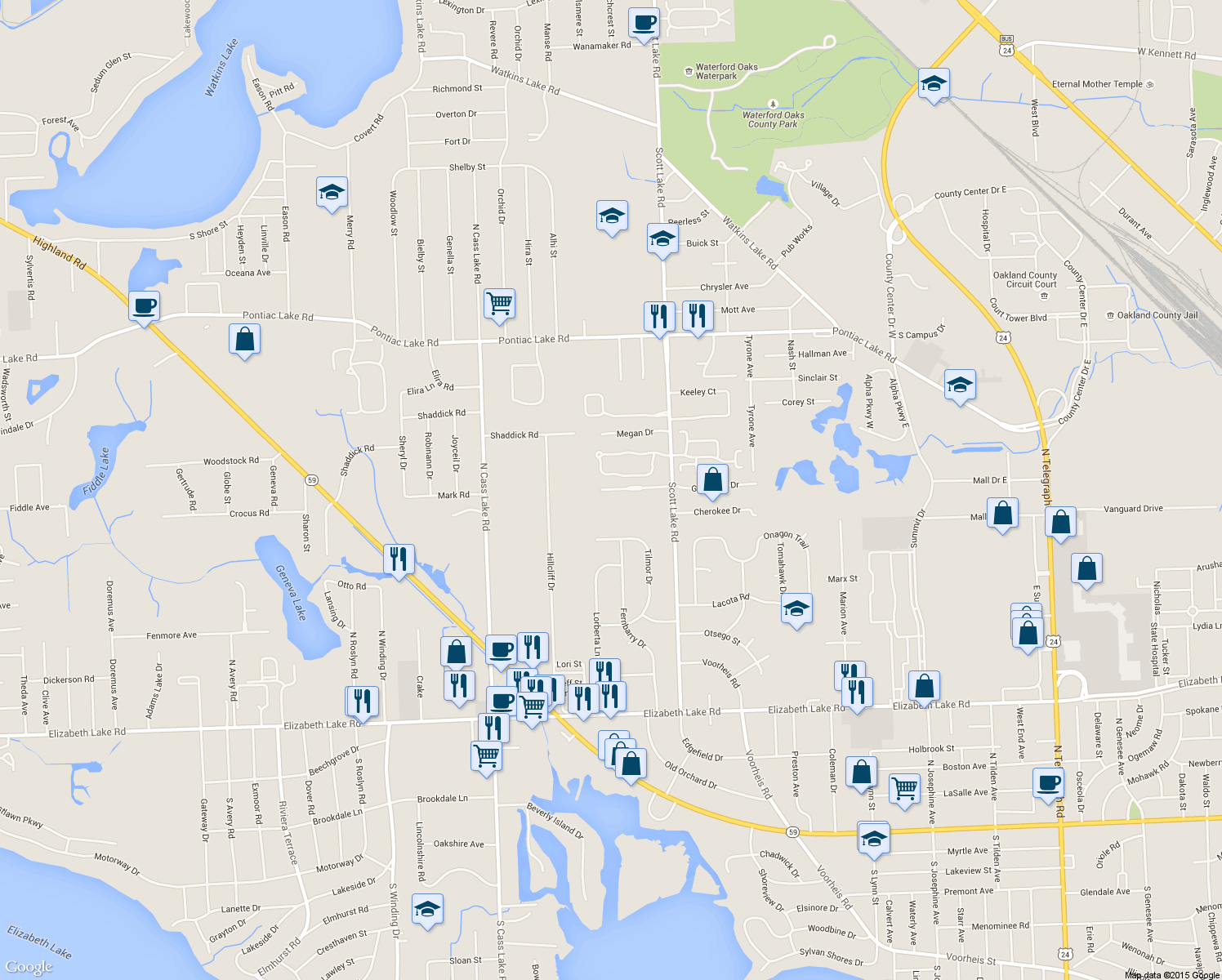 map of restaurants, bars, coffee shops, grocery stores, and more near 3169 Harbor Court in Waterford Township
