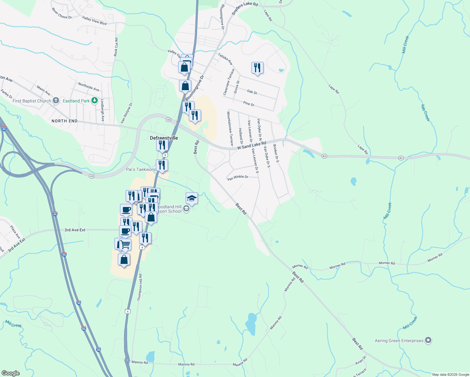 map of restaurants, bars, coffee shops, grocery stores, and more near 1 Mara Drive in Rensselaer