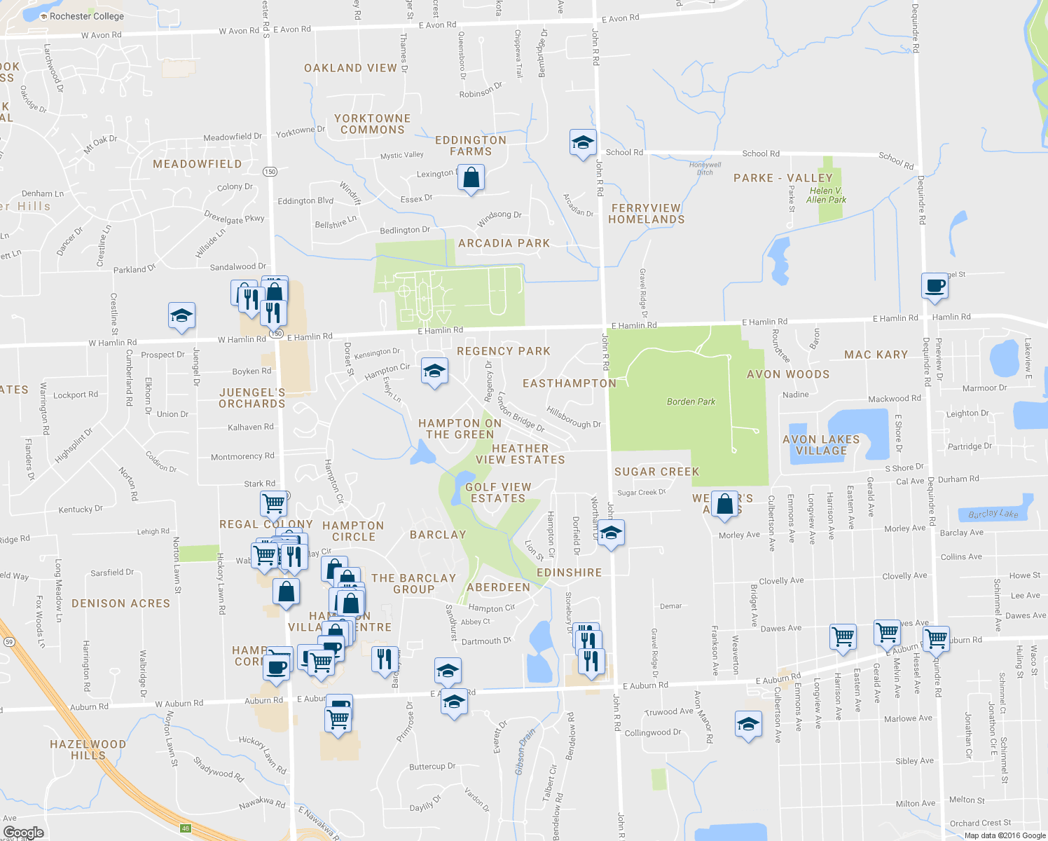 map of restaurants, bars, coffee shops, grocery stores, and more near 2273 London Bridge Drive in Rochester Hills
