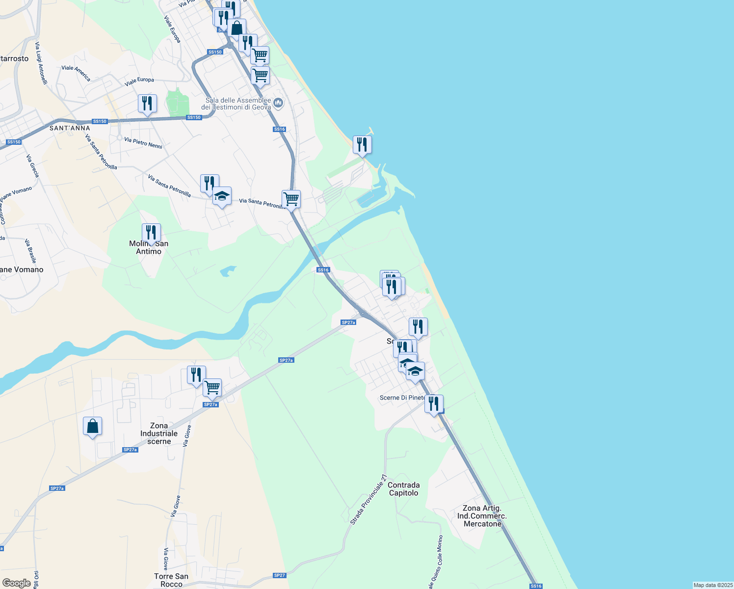 map of restaurants, bars, coffee shops, grocery stores, and more near 77 Via Vomano Vecchio in Scerne