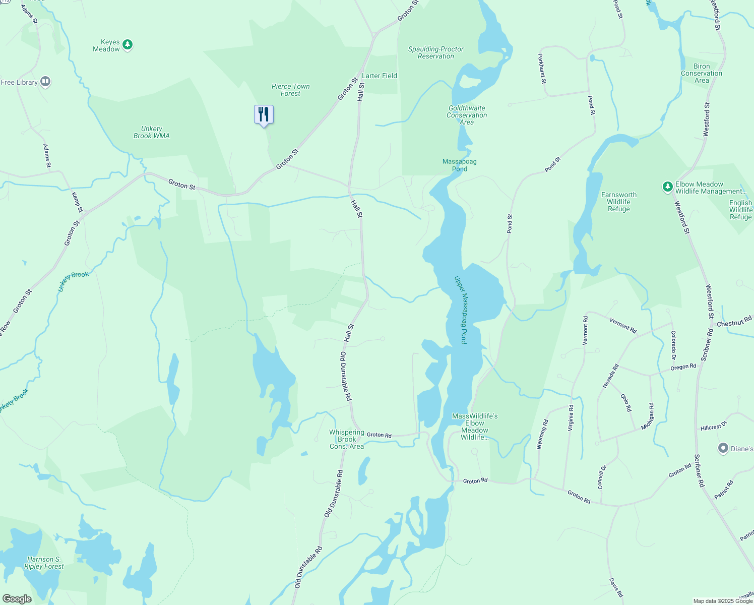 map of restaurants, bars, coffee shops, grocery stores, and more near 264 Hall Street in Dunstable