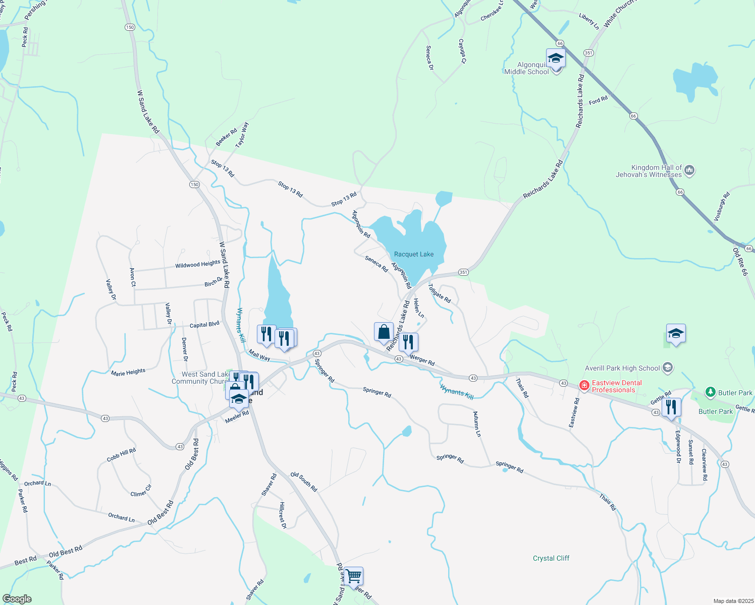 map of restaurants, bars, coffee shops, grocery stores, and more near 55 Cayuga Lane in West Sand Lake